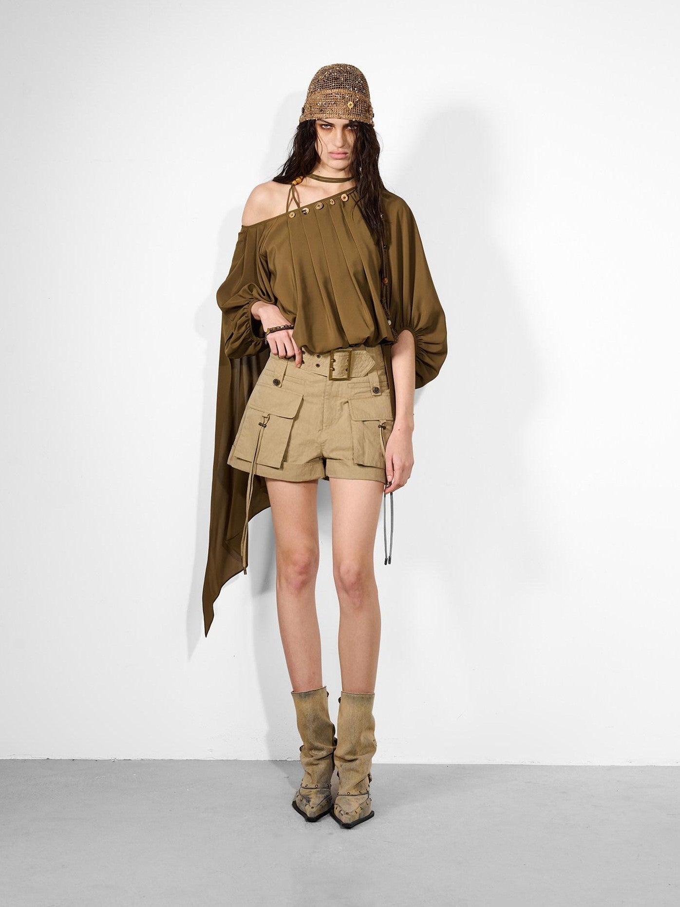 NORTH NODE Ruched Beaded Puff Sleeves Off Shoulder Asymmetrical Women&