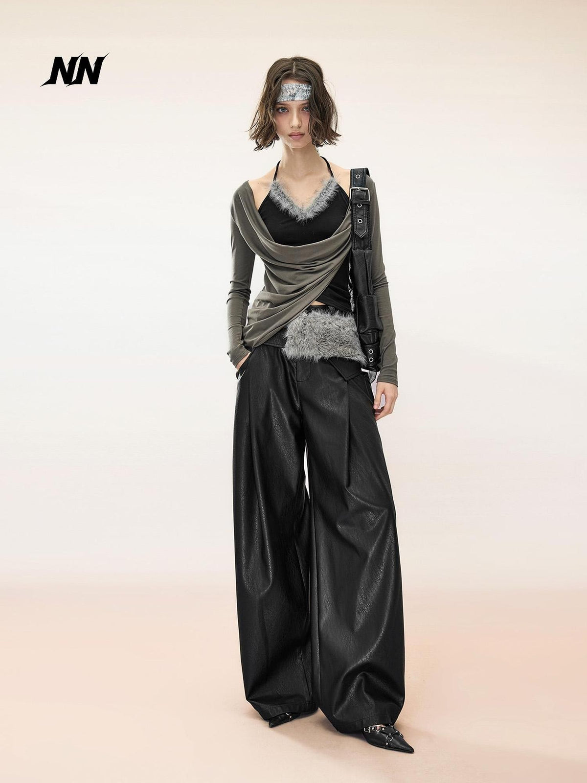 NORTH NODE Ruched Draped Cowl Neck Asymmetric Slim Fit Lyocell Women&