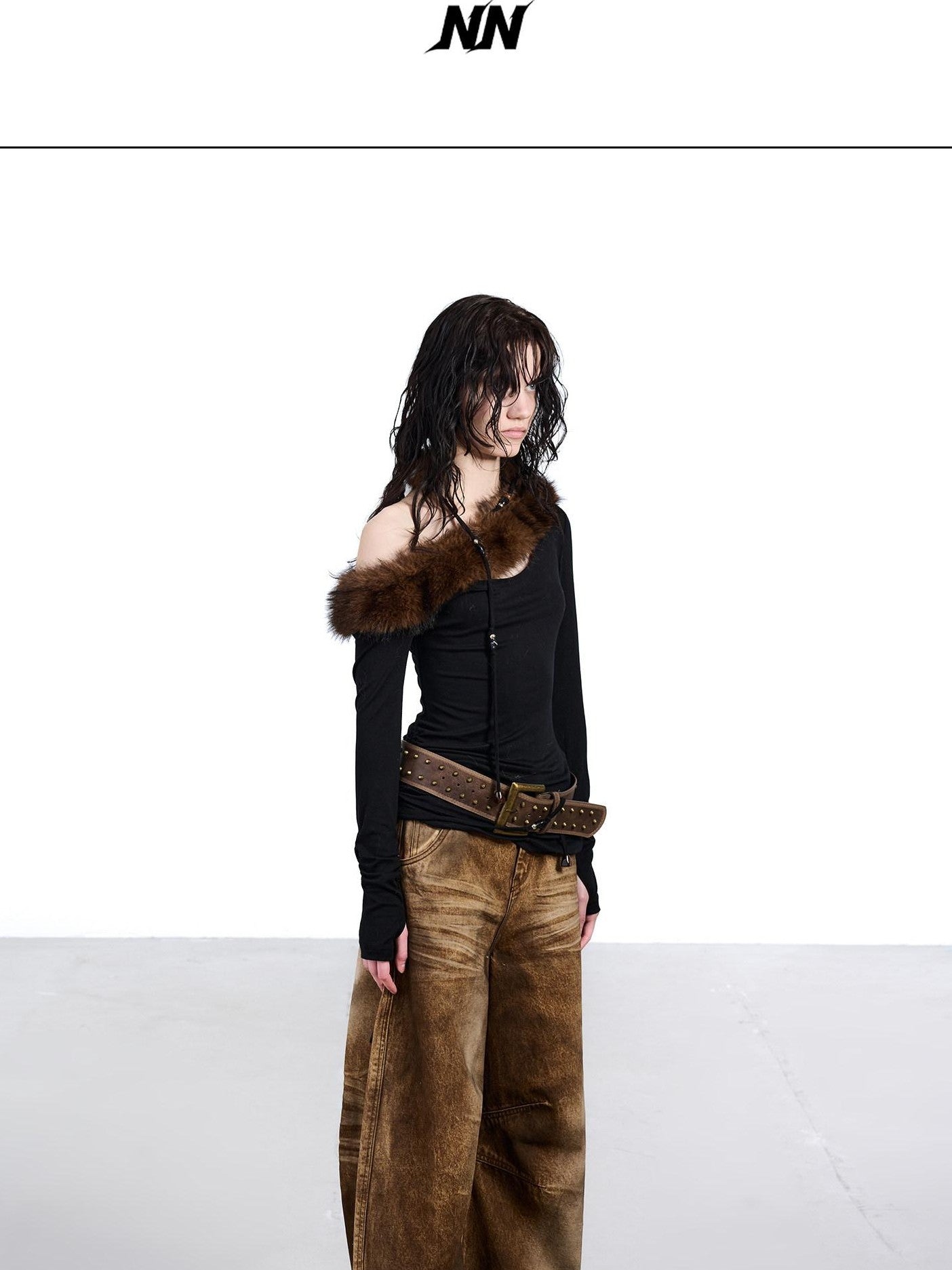 NORTH NODE Ruched Fur Collar Asymmetrical Shoulder Women&
