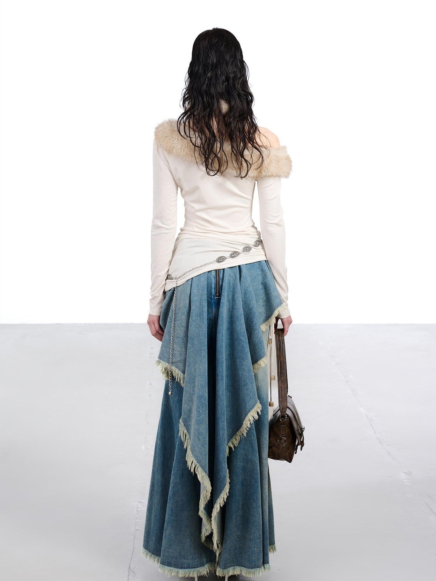 NORTH NODE Ruched Fur Collar Asymmetrical Shoulder Women&