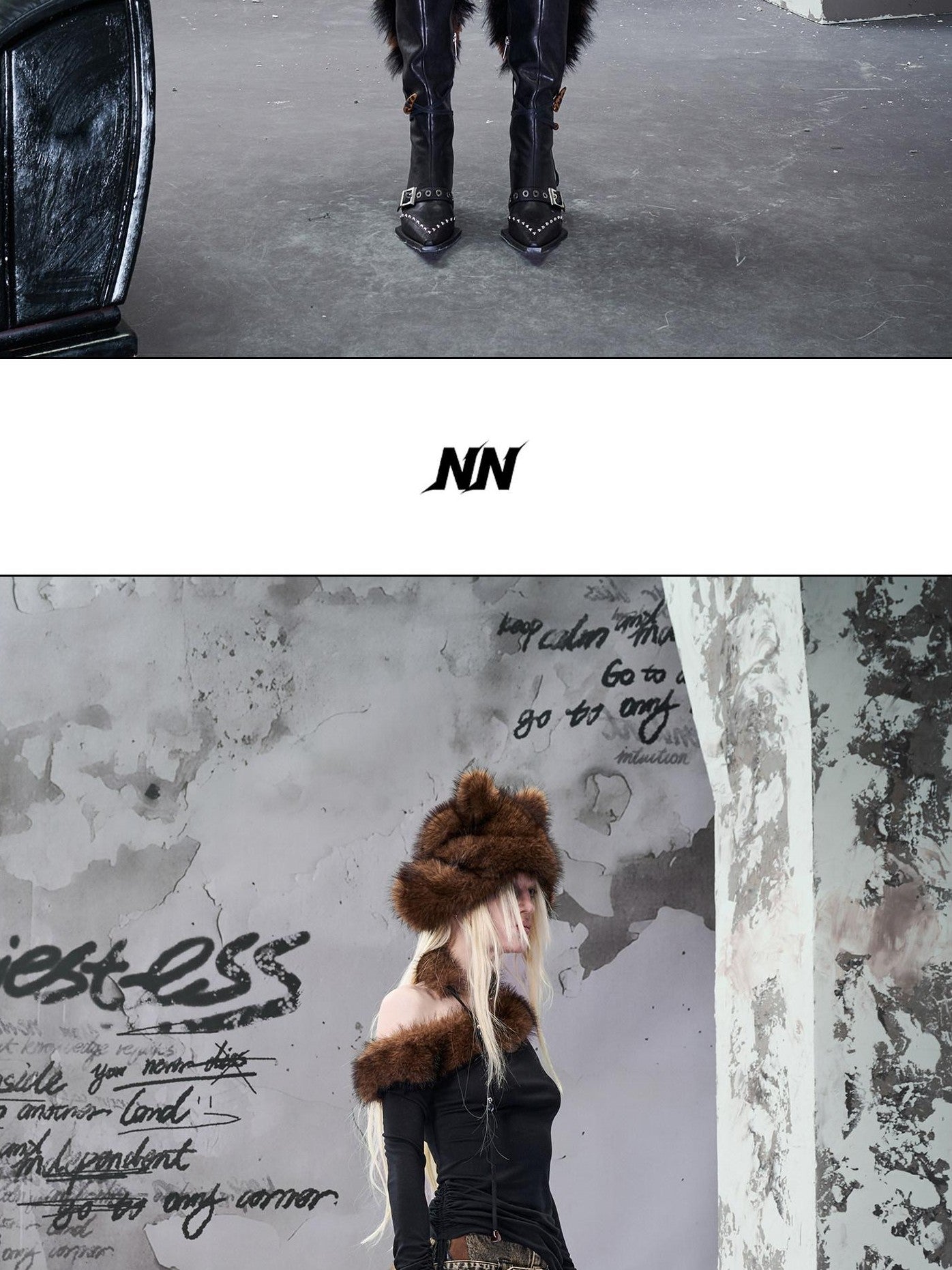 NORTH NODE Ruched Fur Collar Asymmetrical Shoulder Women&