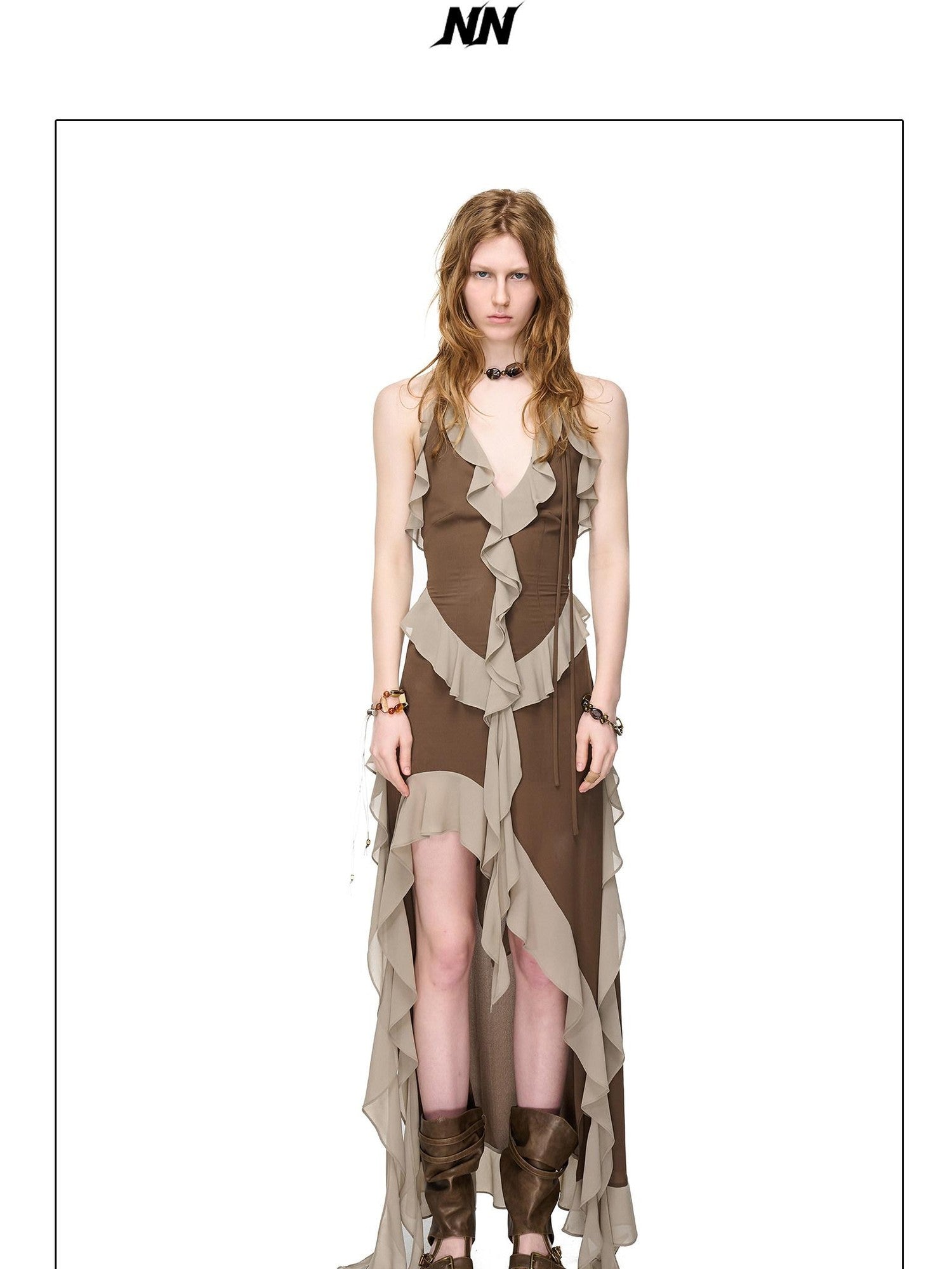 NORTH NODE Ruffled Asymmetric Spliced V-neck Women&