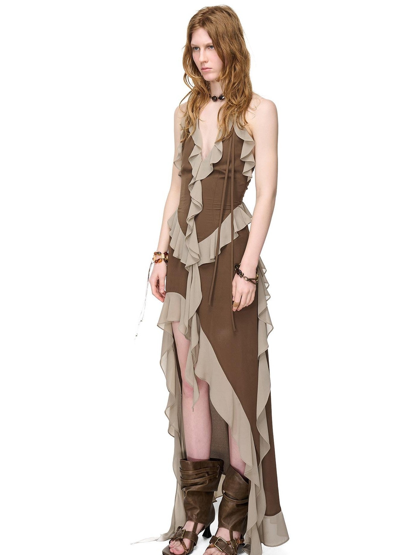 NORTH NODE Ruffled Asymmetric Spliced V-neck Women&