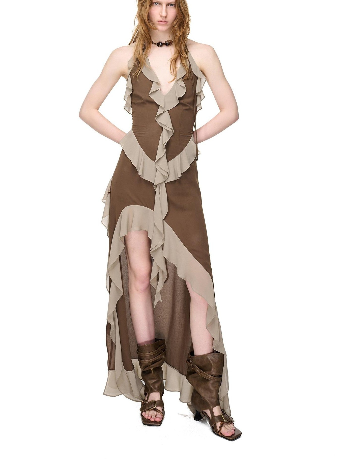 NORTH NODE Ruffled Asymmetric Spliced V-neck Women&
