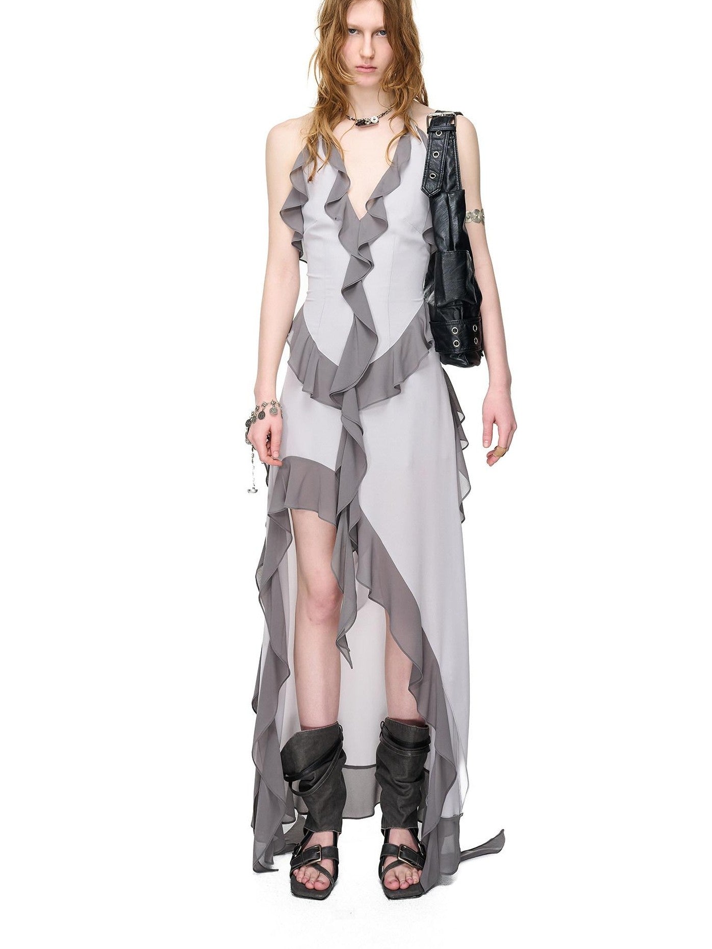 NORTH NODE Ruffled Asymmetric Spliced V-neck Women&
