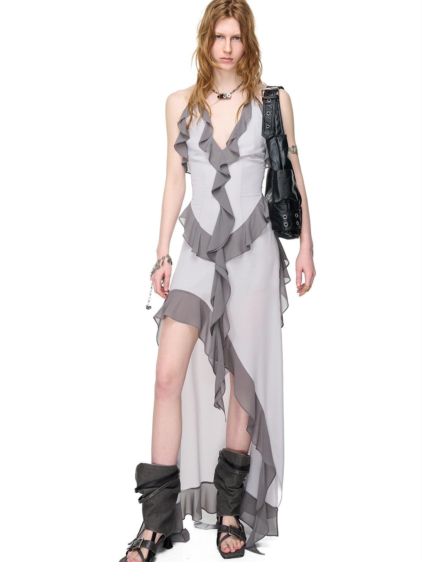 NORTH NODE Ruffled Asymmetric Spliced V-neck Women&