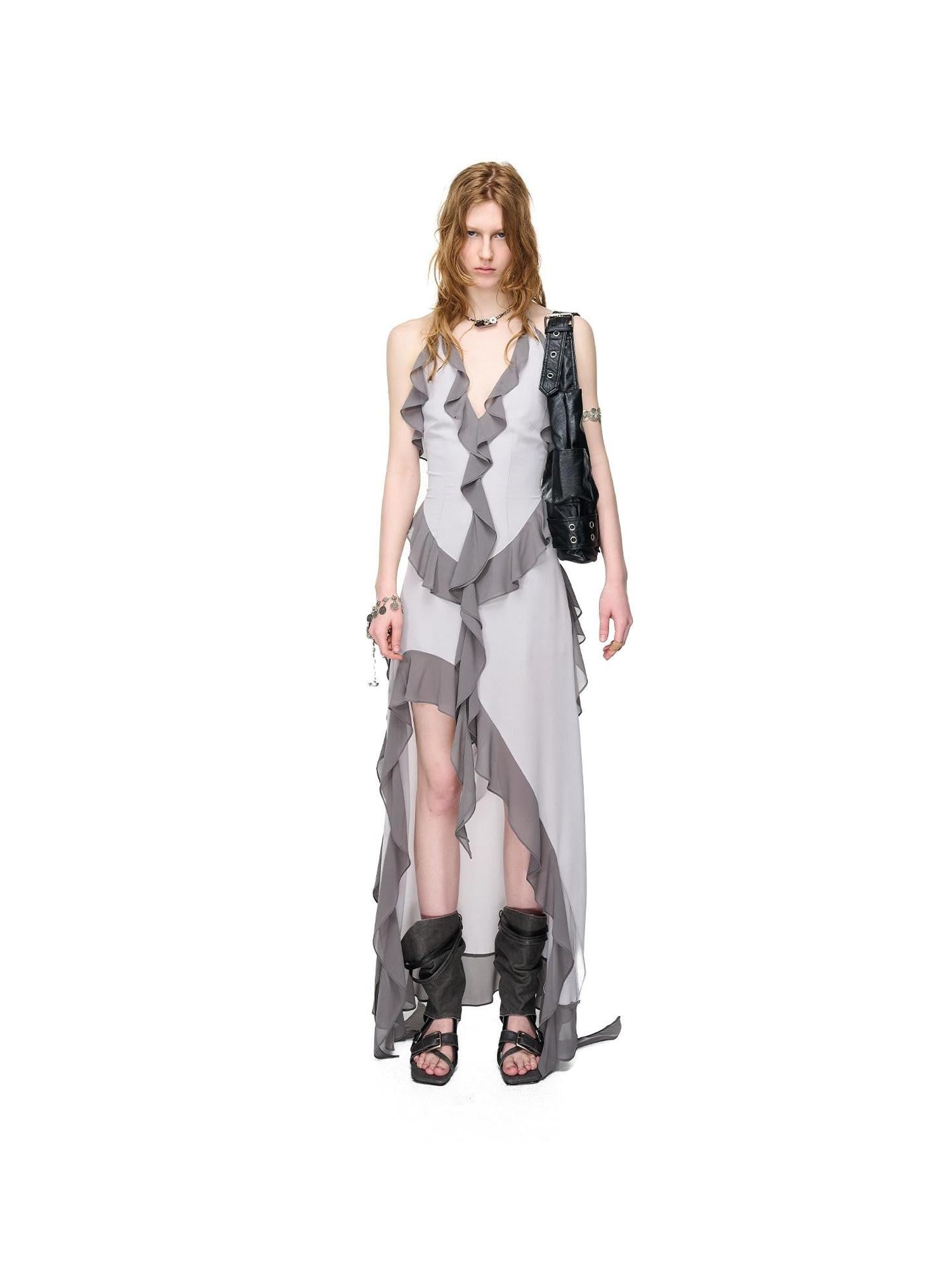 NORTH NODE Ruffled Asymmetric Spliced V-neck Women&