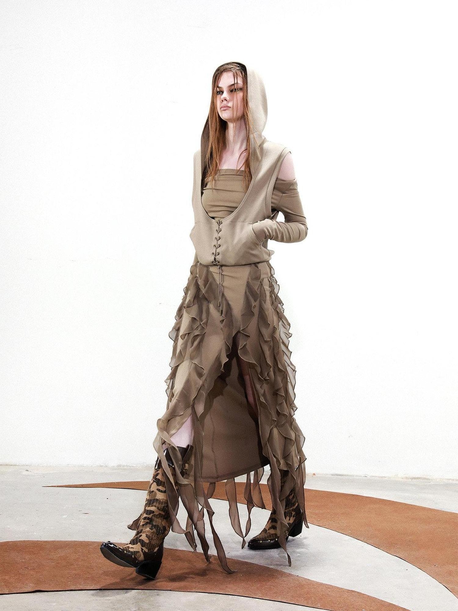 NORTH NODE Ruffled Hem Detachable Vest Two Piece Women&