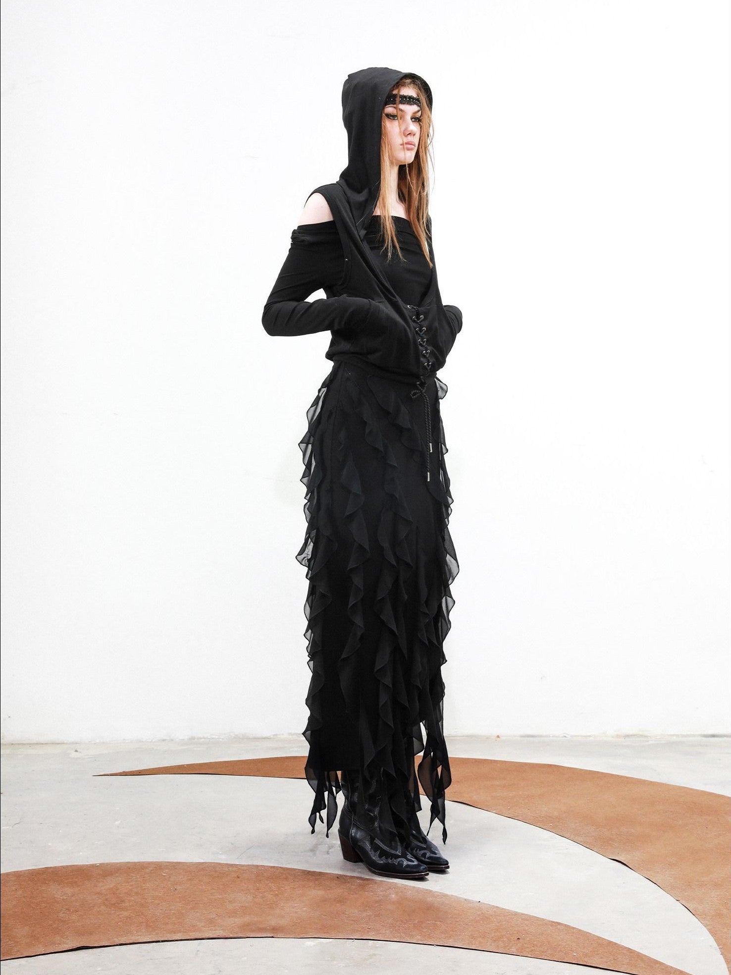 NORTH NODE Ruffled Hem Detachable Vest Two Piece Women&
