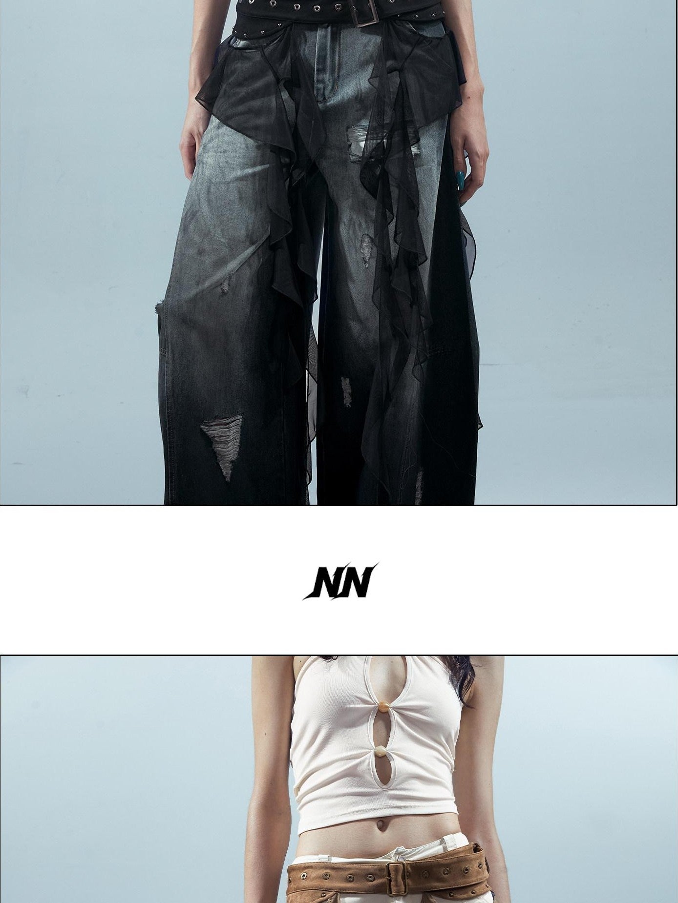 NORTH NODE Ruffled Patchwork Peplum Mid Waist Women&