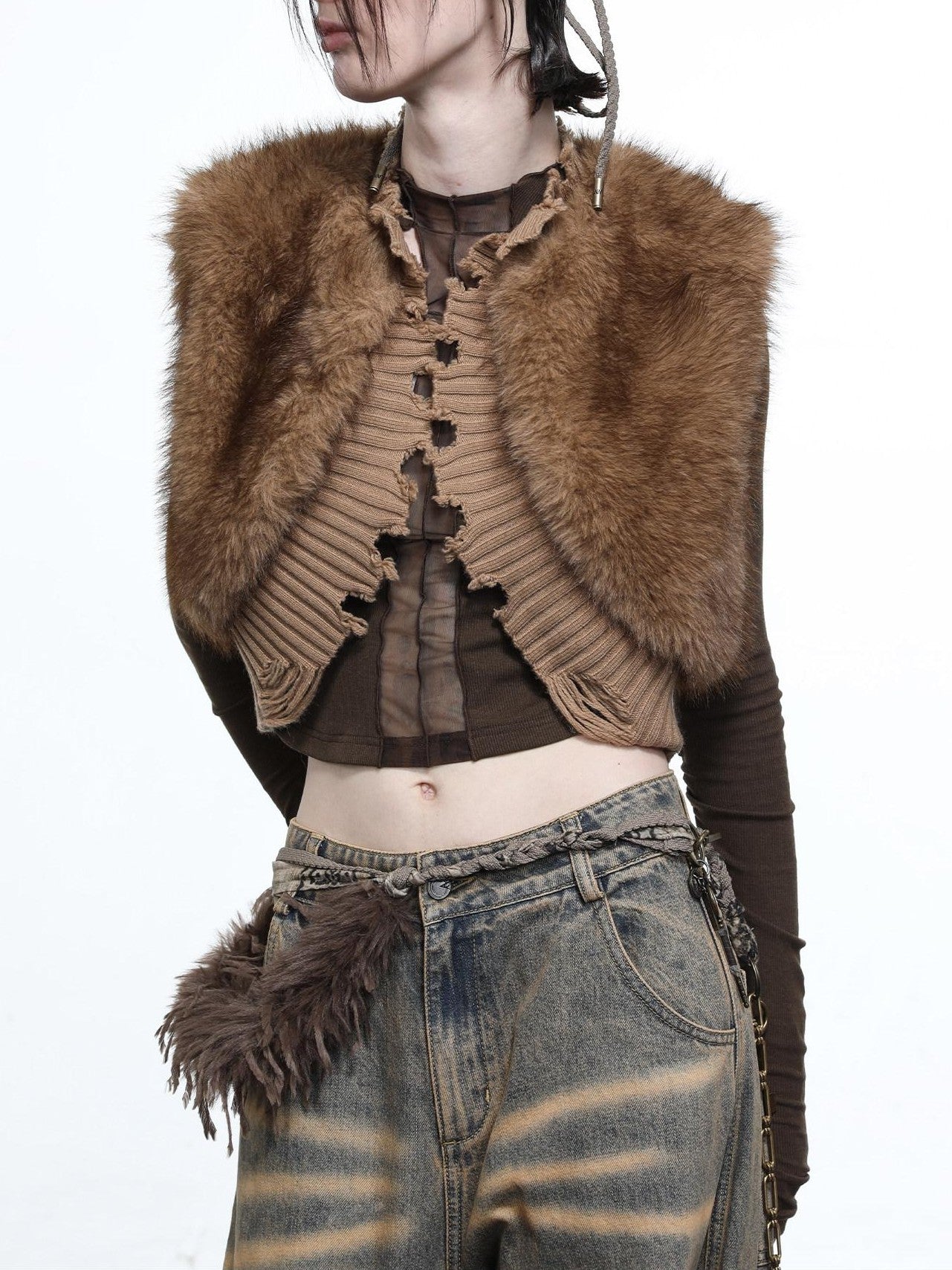 NORTH NODE Shaggy Knitted Patchwork Layered Women&