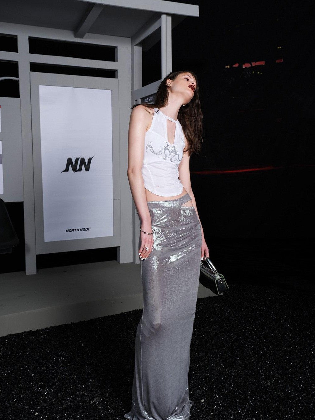 NORTH NODE Sheer Mesh Panel Hotfix Rhinestone Halter Neck Women&