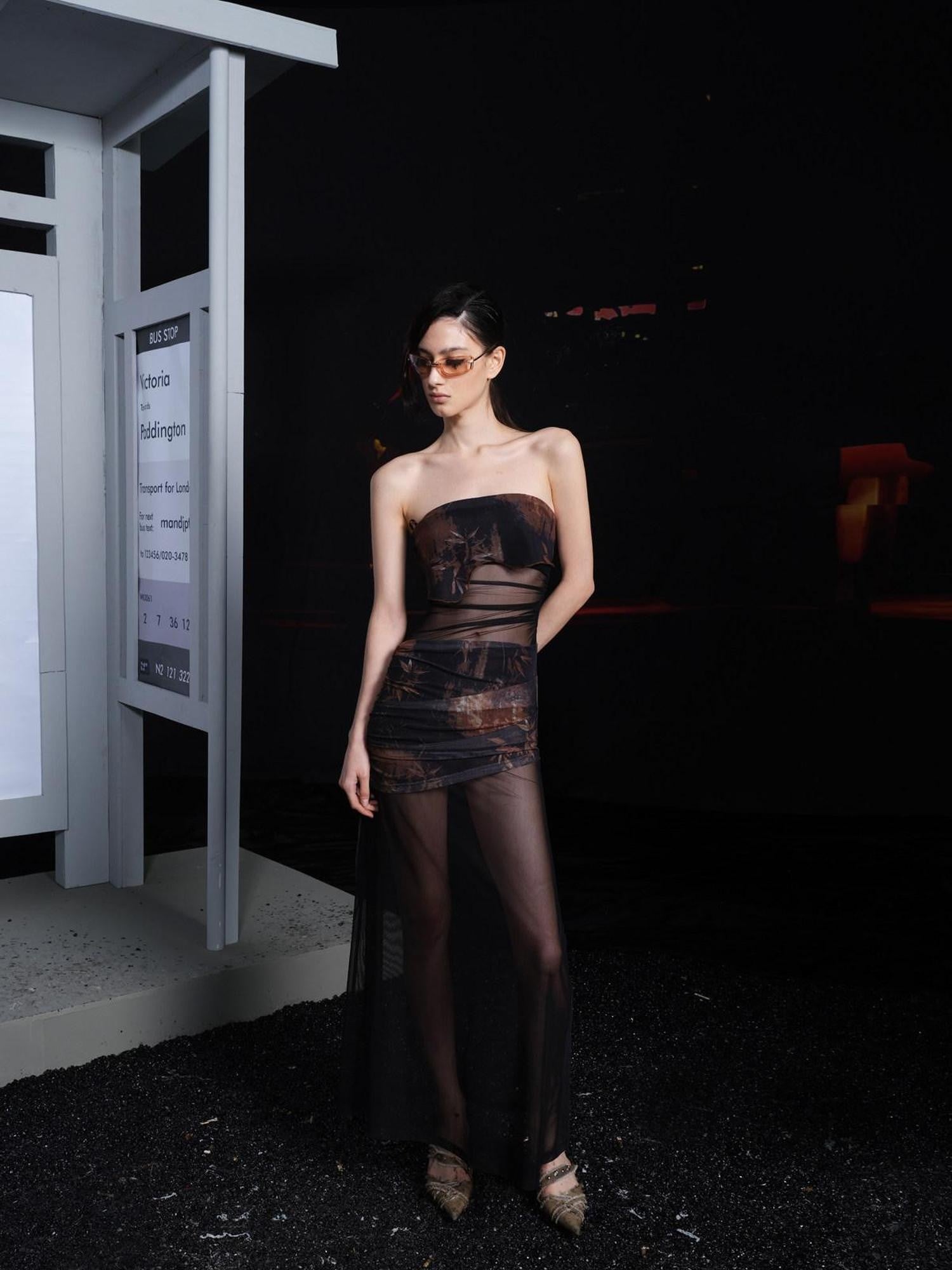 NORTH NODE Sheer Mesh Splice Strapless Straight Neckline Women&