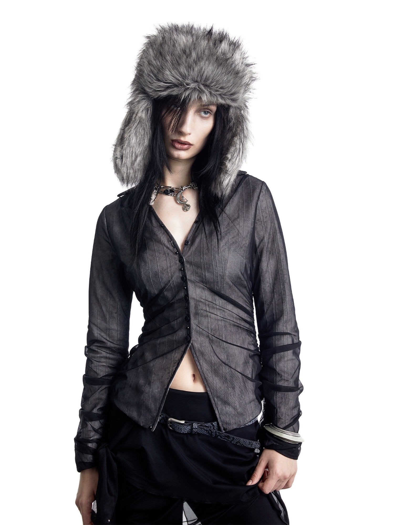 NORTH NODE Sheer Mesh Spliced Pleated Short Slim V-neck Women&