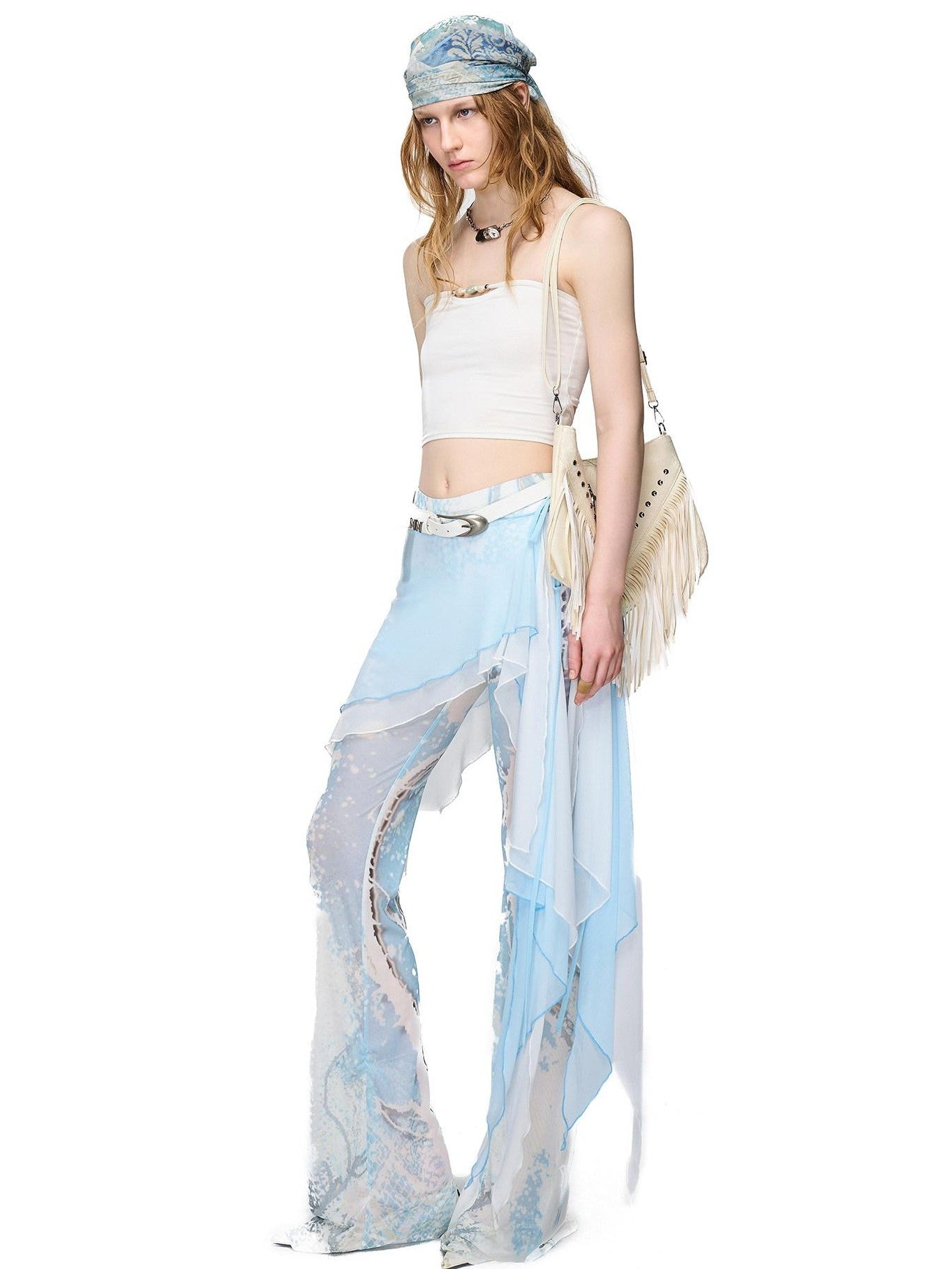 NORTH NODE Sheer Printed Asymmetrical Ruffle Hip Cover Women&