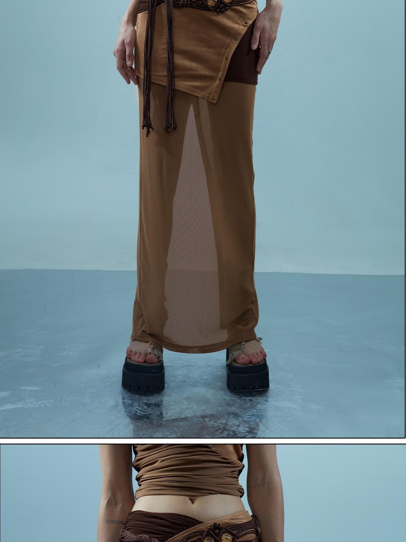 NORTH NODE Sheer Rivet Studded Spliced Panelled Patchwork Women&