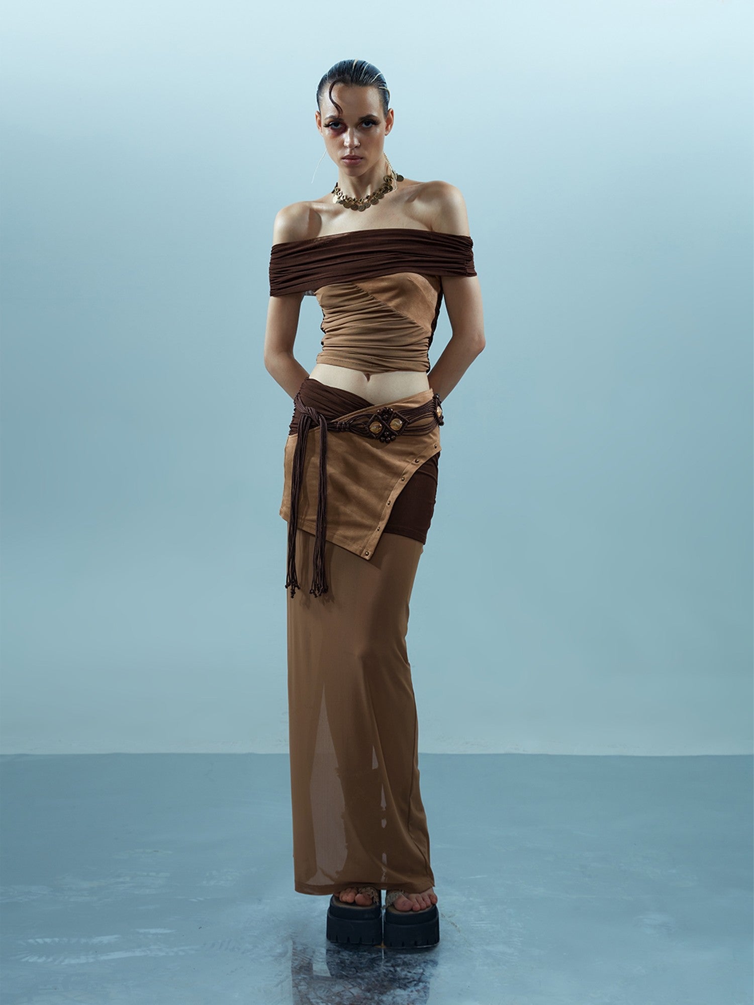 NORTH NODE Sheer Rivet Studded Spliced Panelled Patchwork Women&