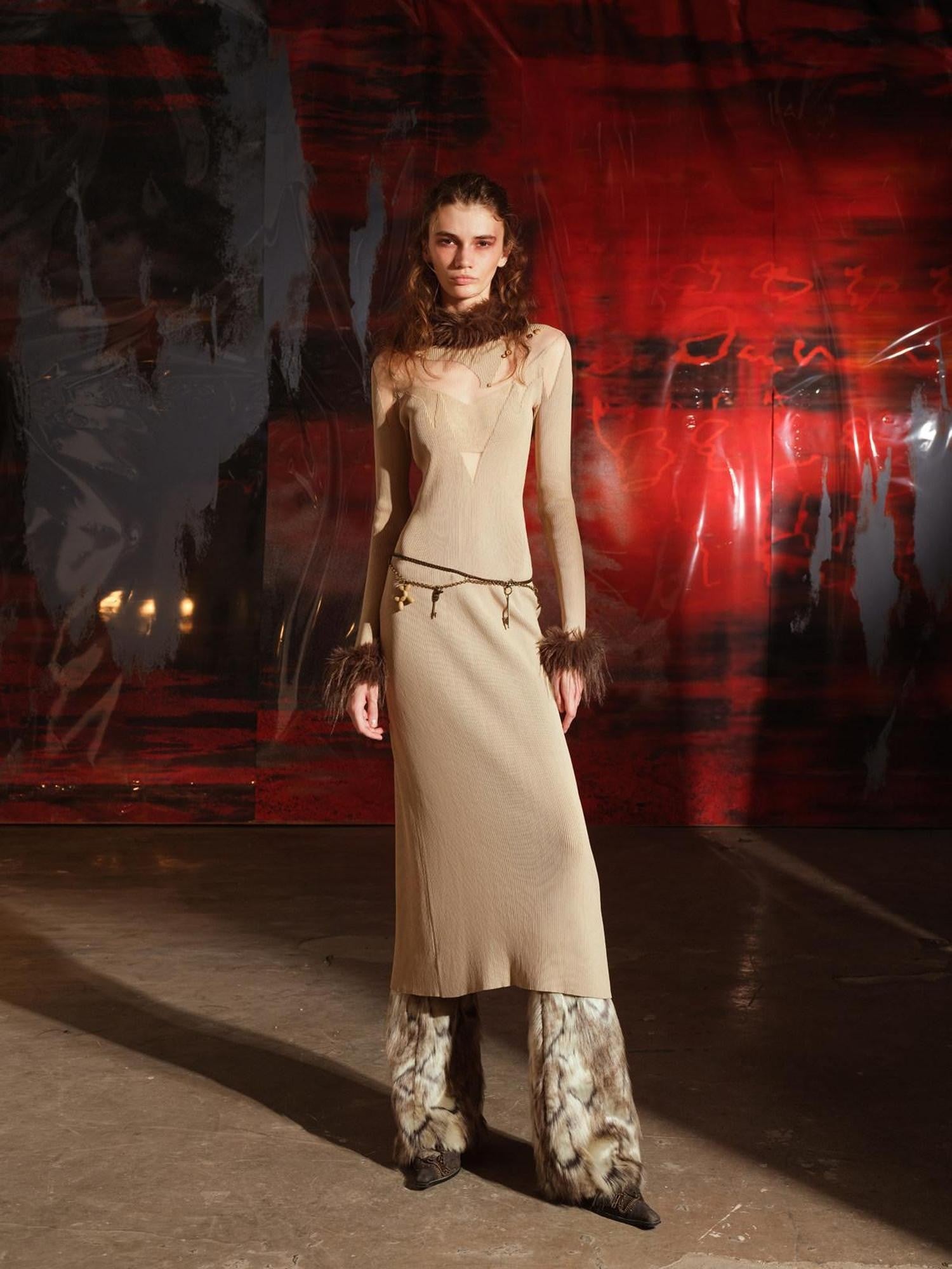 NORTH NODE Sheer Spliced Knit Fur Collar Women&