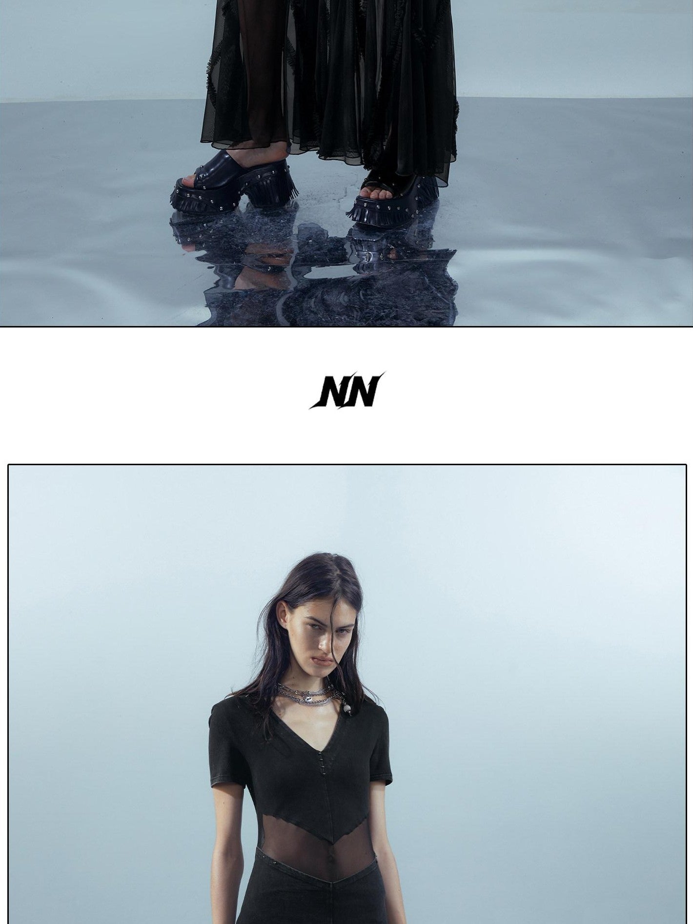 NORTH NODE Sheer Spliced V-neck Short Sleeve Women&