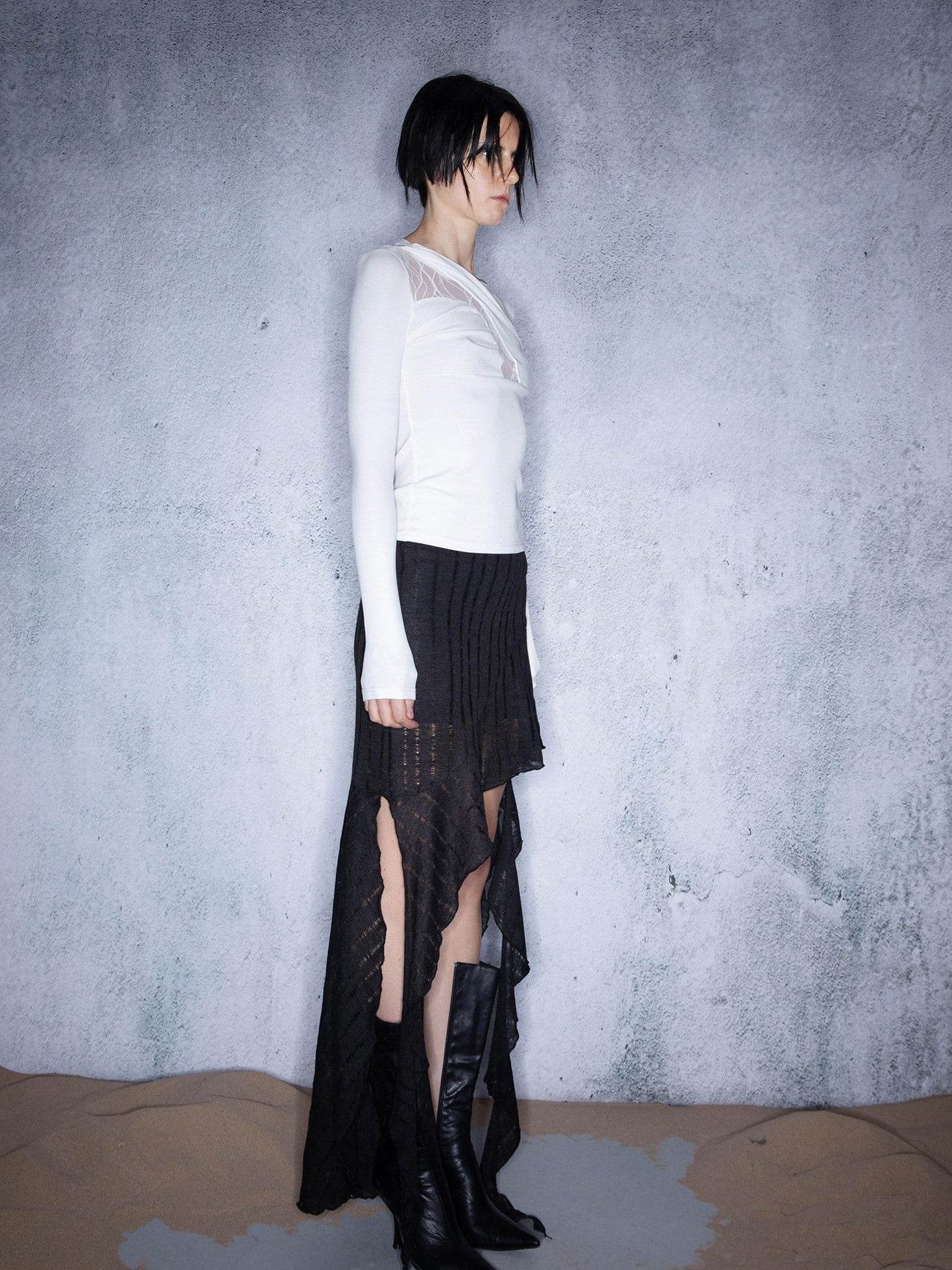 NORTH NODE Slanted Brushed Lace Patchwork Knit Women&