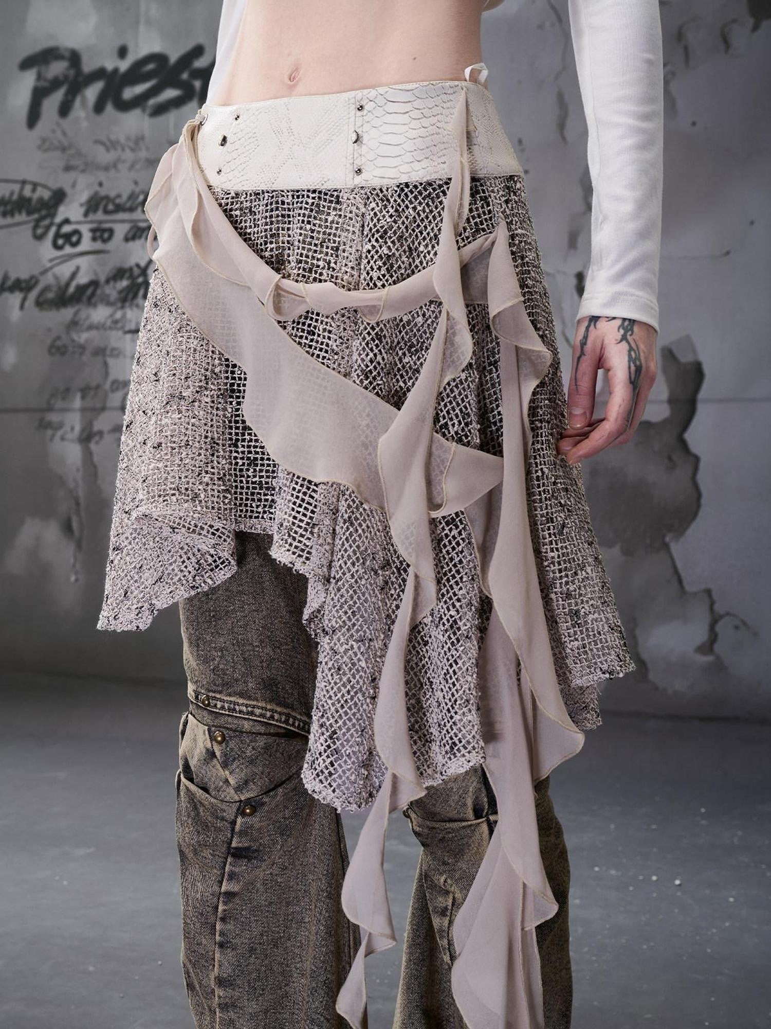 NORTH NODE Snake Print Panel Asymmetrical Ruffle Waistband Women&