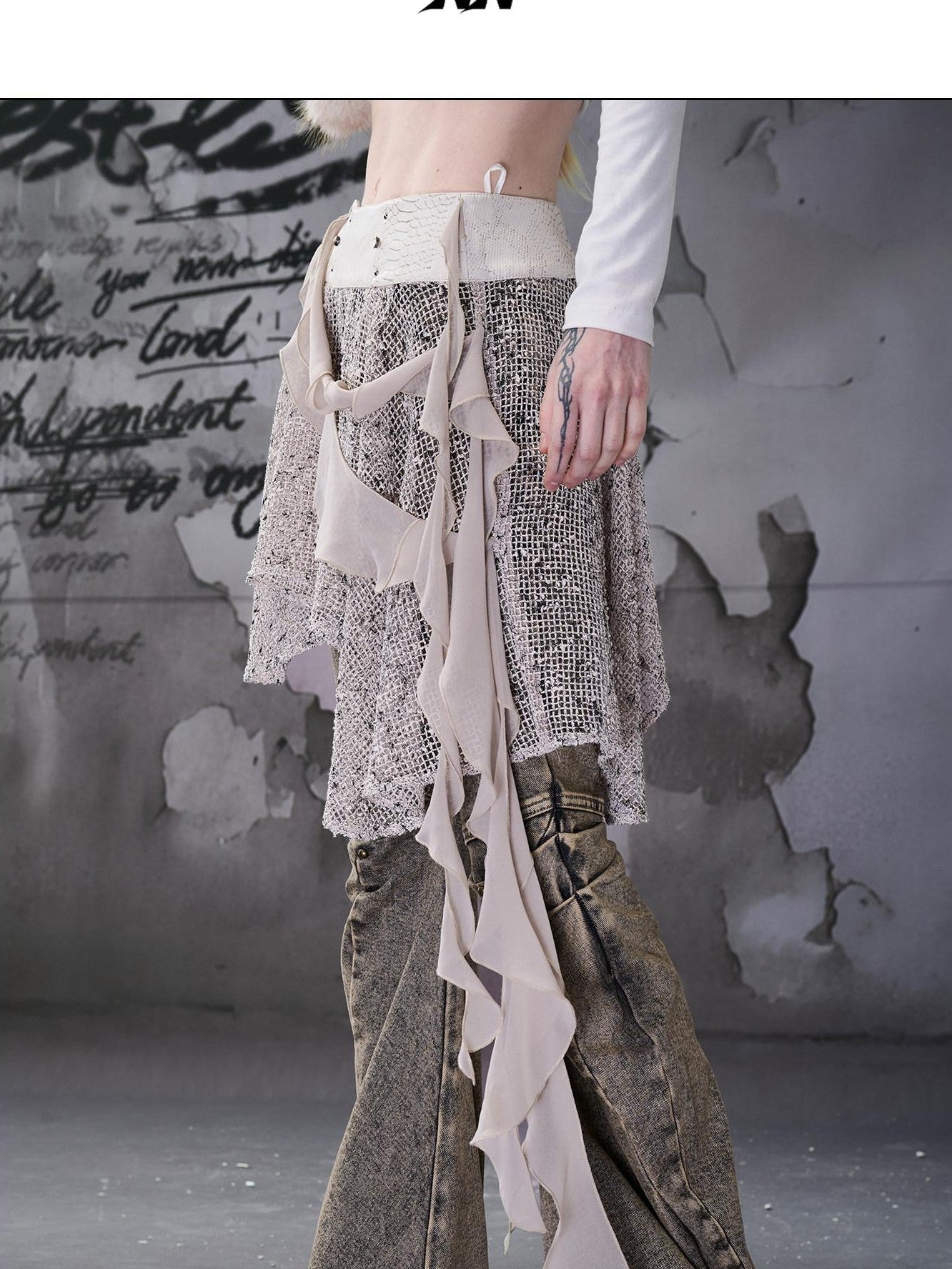 NORTH NODE Snake Print Panel Asymmetrical Ruffle Waistband Women&