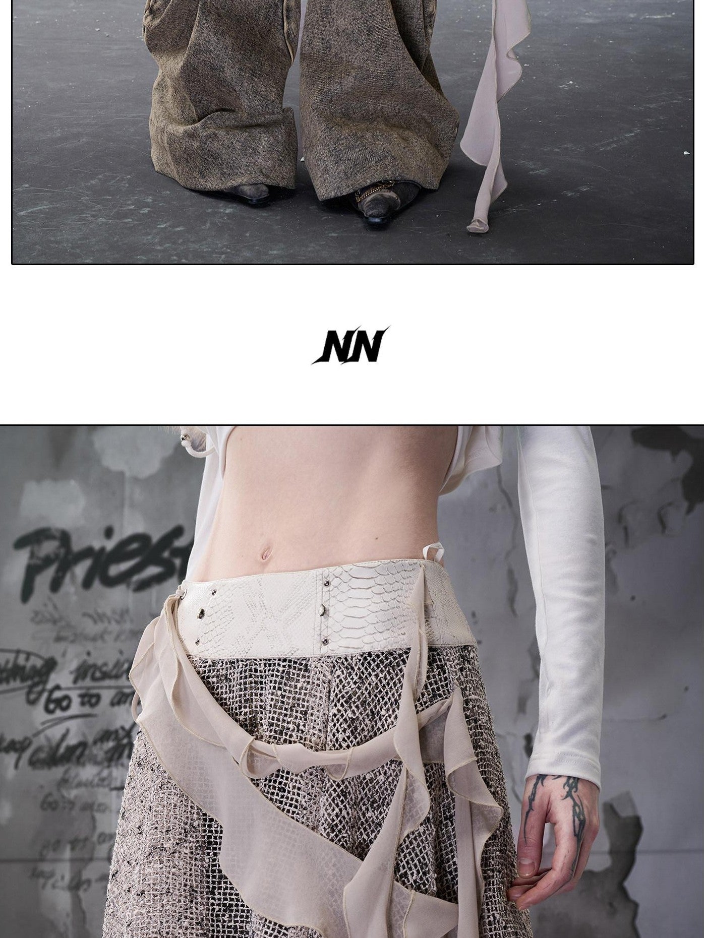 NORTH NODE Snake Print Panel Asymmetrical Ruffle Waistband Women&