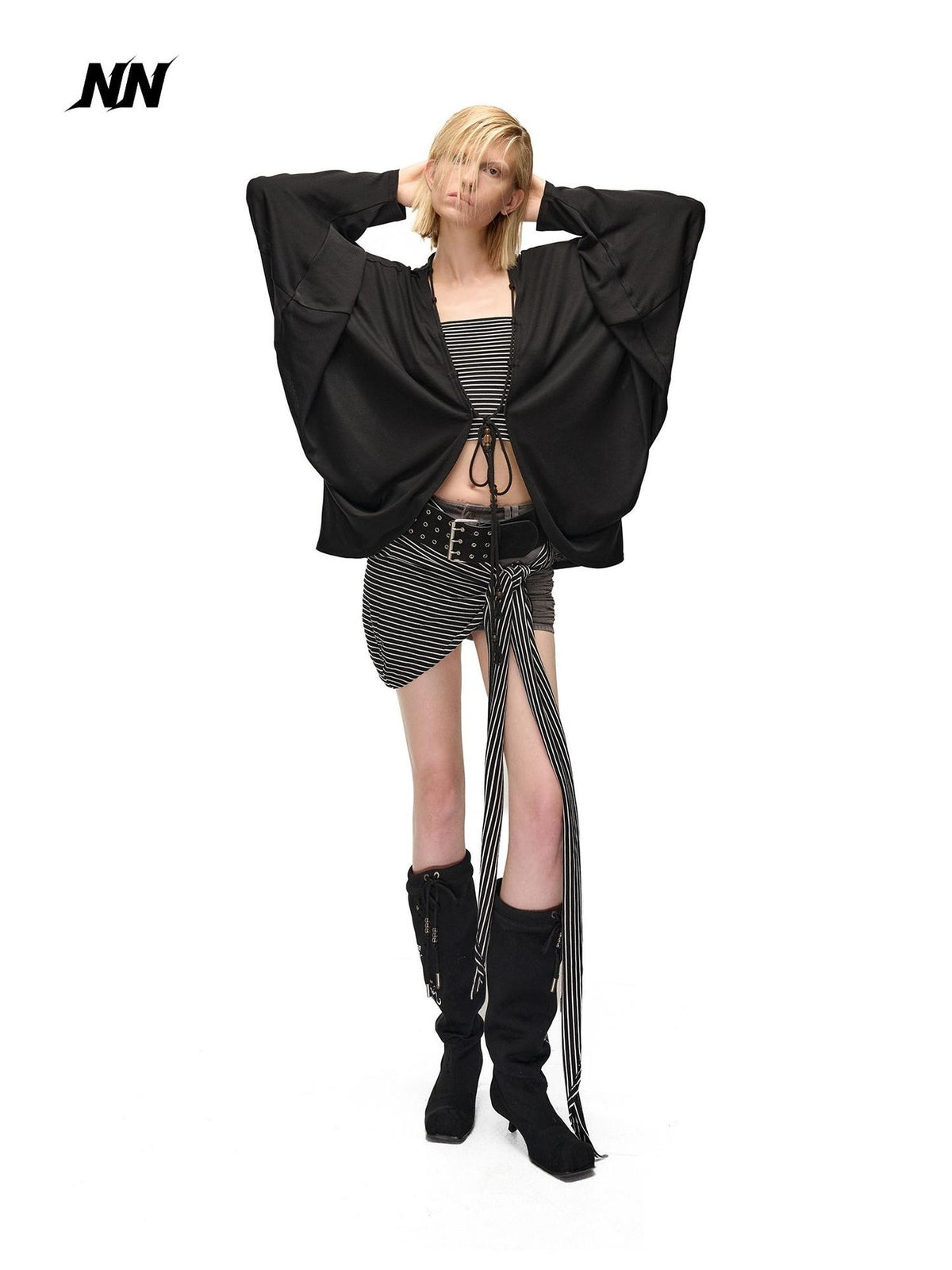 NORTH NODE Soft Beaded Knit Tie Front Loose Drop Shoulder Women&