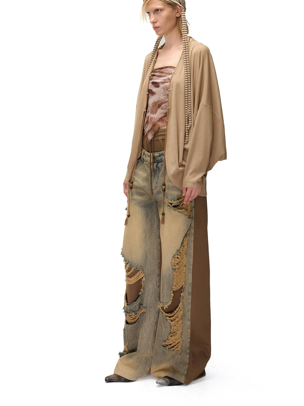 NORTH NODE Soft Beaded Knit Tie Front Loose Drop Shoulder Women&