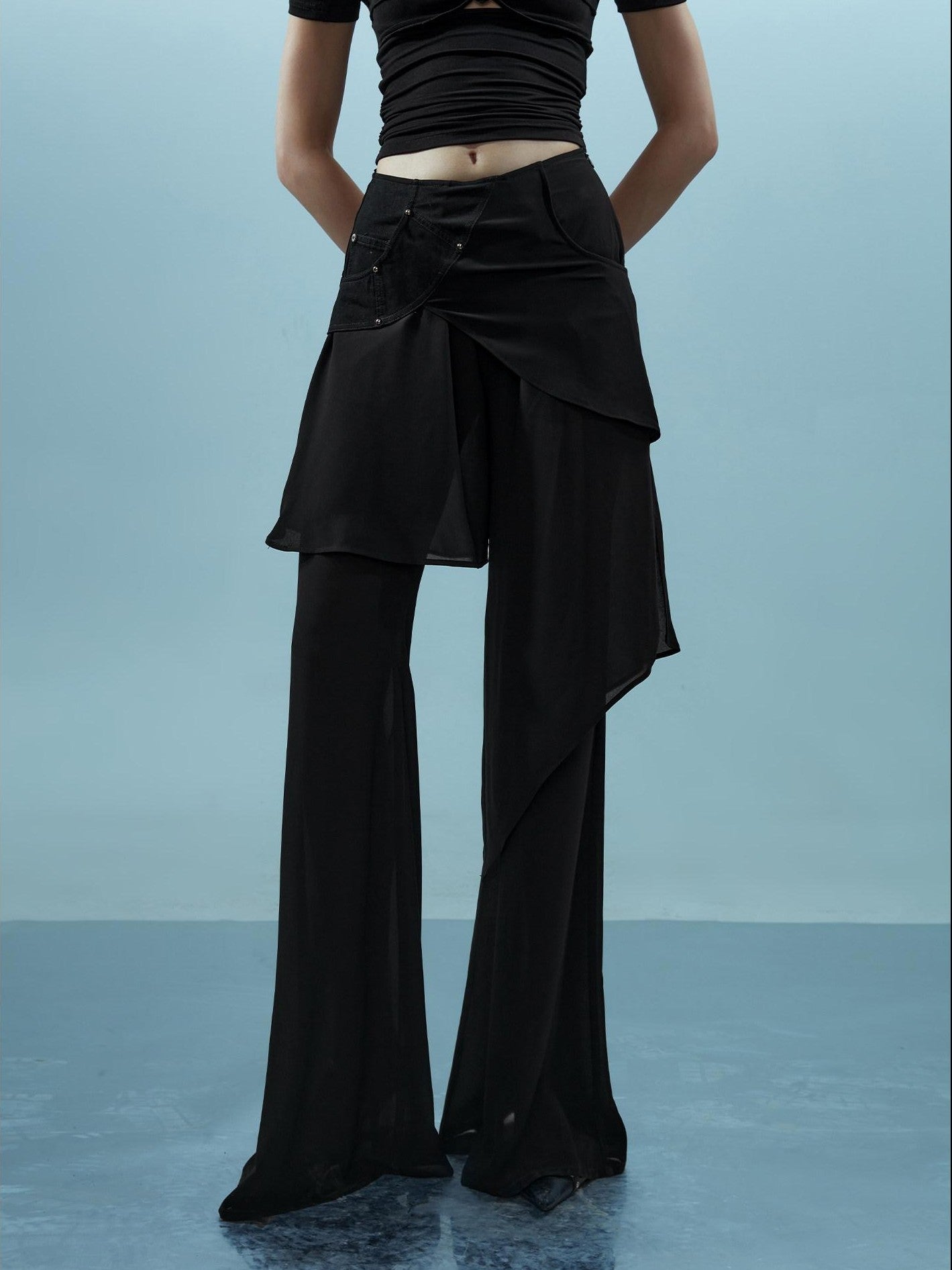 NORTH NODE Spliced Chiffon Hip Covering Slimming Pocket Micro Flare Women&