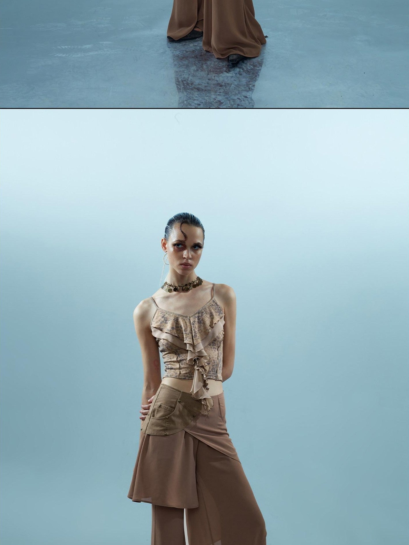 NORTH NODE Spliced Chiffon Hip Covering Slimming Pocket Micro Flare Women&