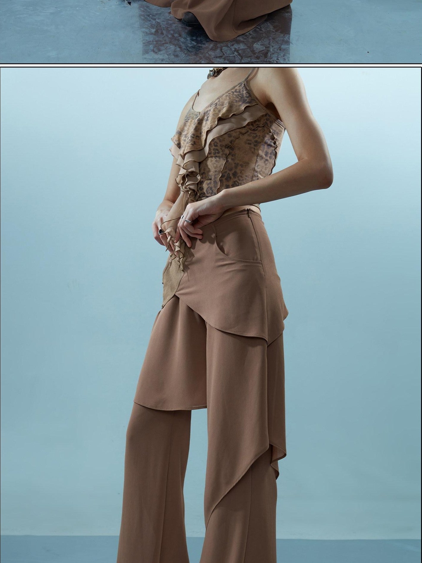 NORTH NODE Spliced Chiffon Hip Covering Slimming Pocket Micro Flare Women&