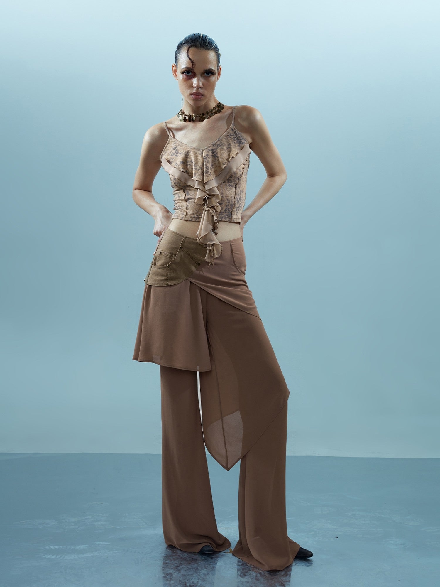 NORTH NODE Spliced Chiffon Hip Covering Slimming Pocket Micro Flare Women&