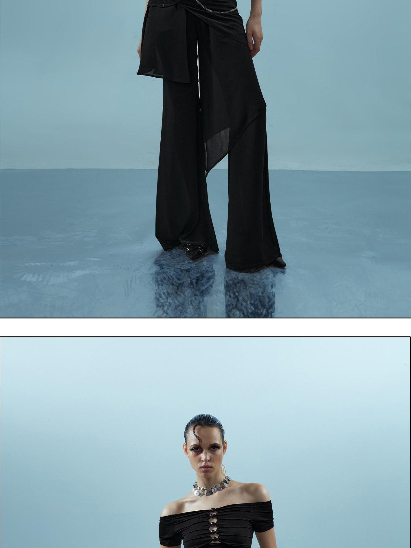 NORTH NODE Spliced Chiffon Hip Covering Slimming Pocket Micro Flare Women&