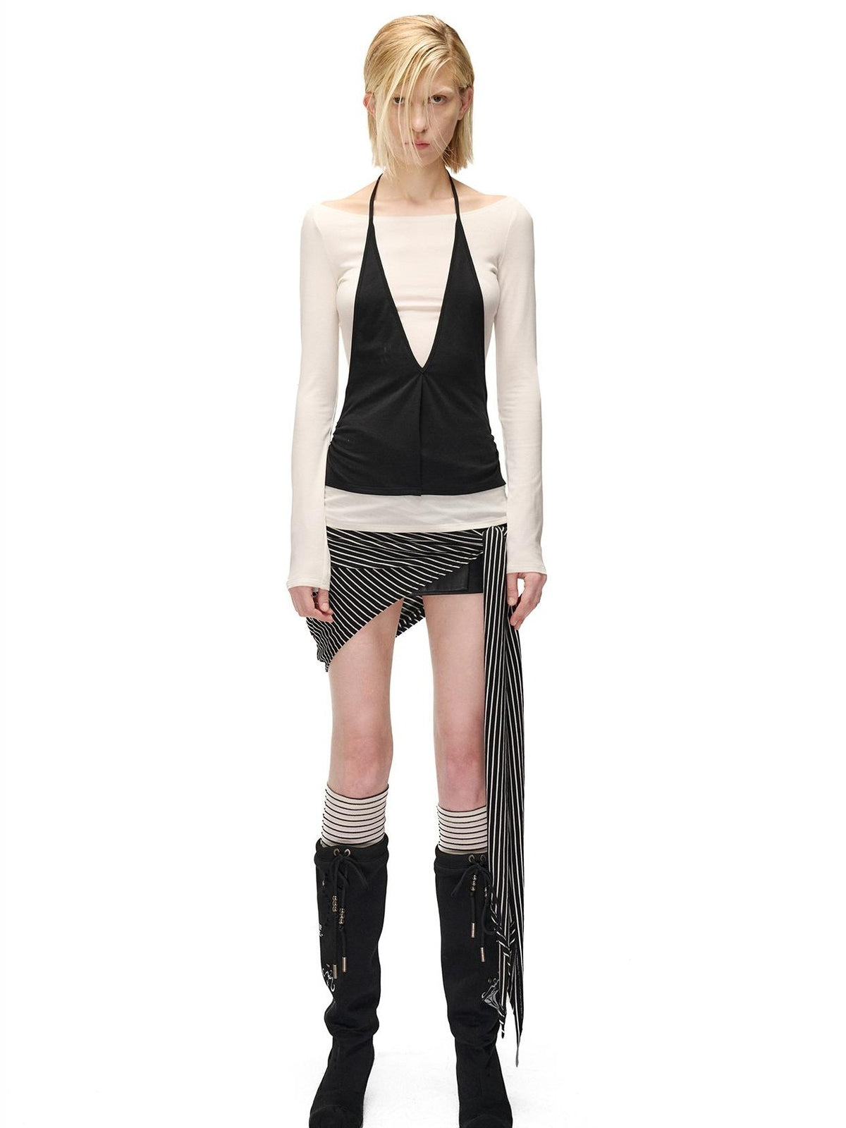 NORTH NODE Spliced Colorblock Halter One Shoulder Faux Women&