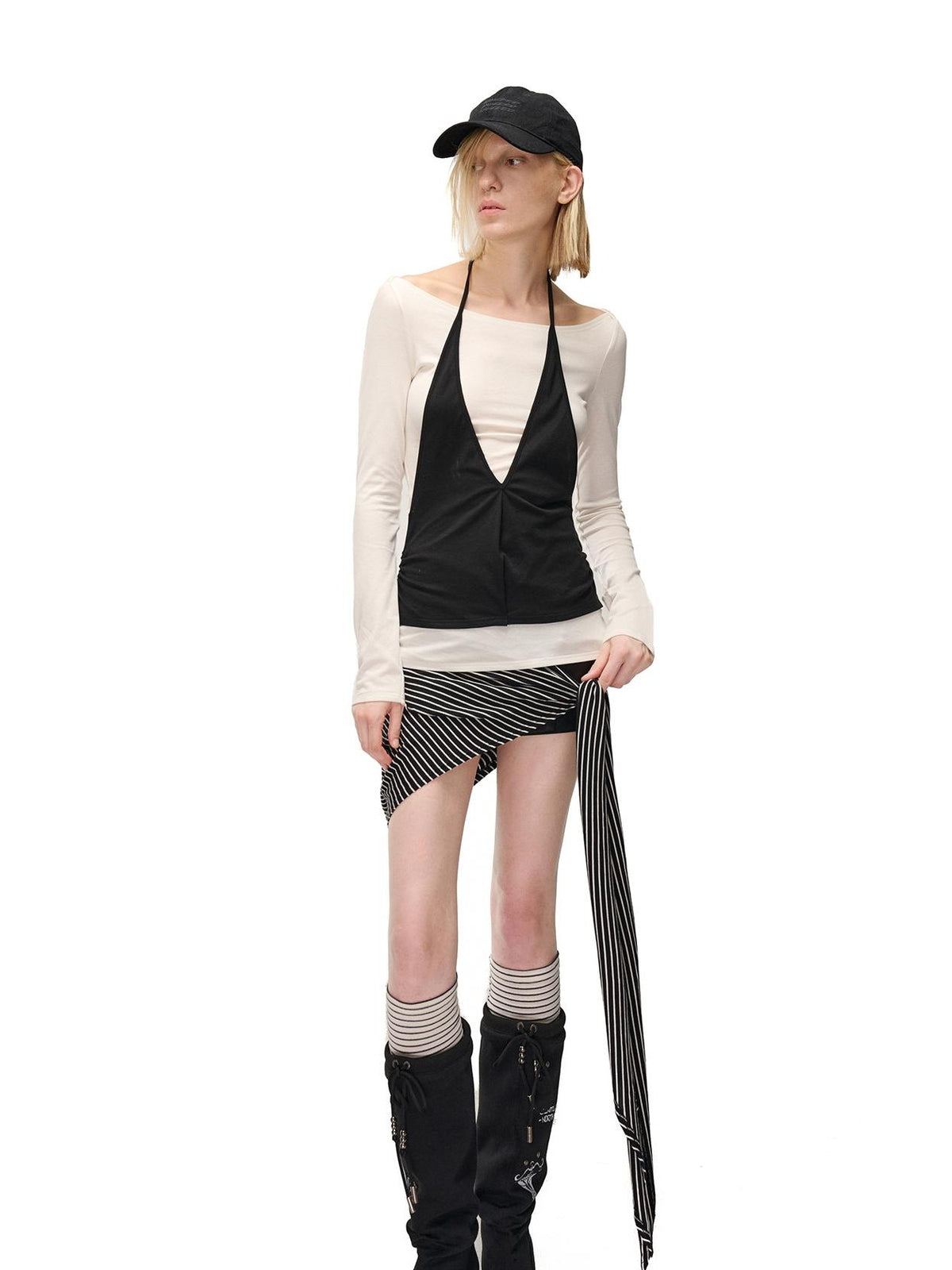 NORTH NODE Spliced Colorblock Halter One Shoulder Faux Women&