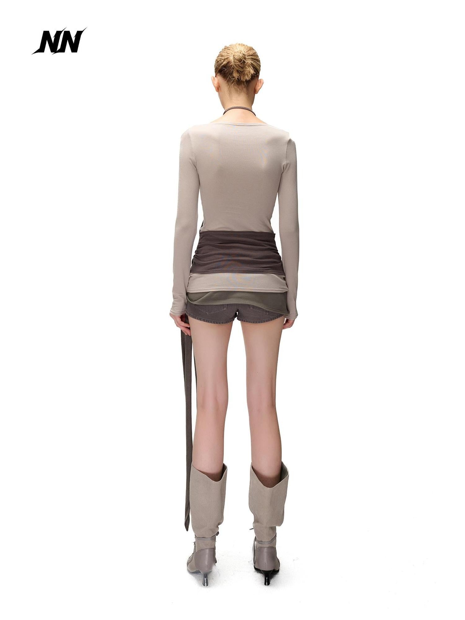 NORTH NODE Spliced Colorblock Halter One Shoulder Faux Women&