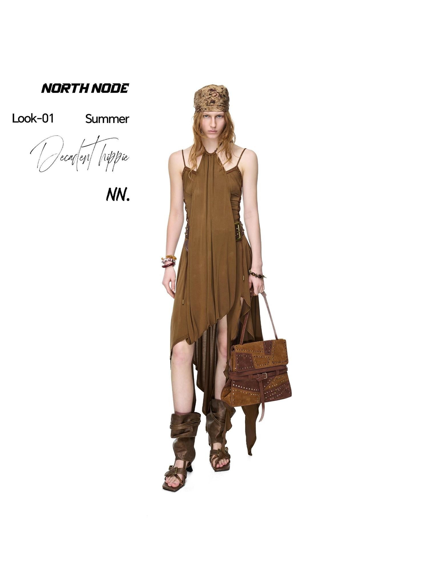 NORTH NODE Starburst Patchwork Halter Asymmetric Ruffle Women&
