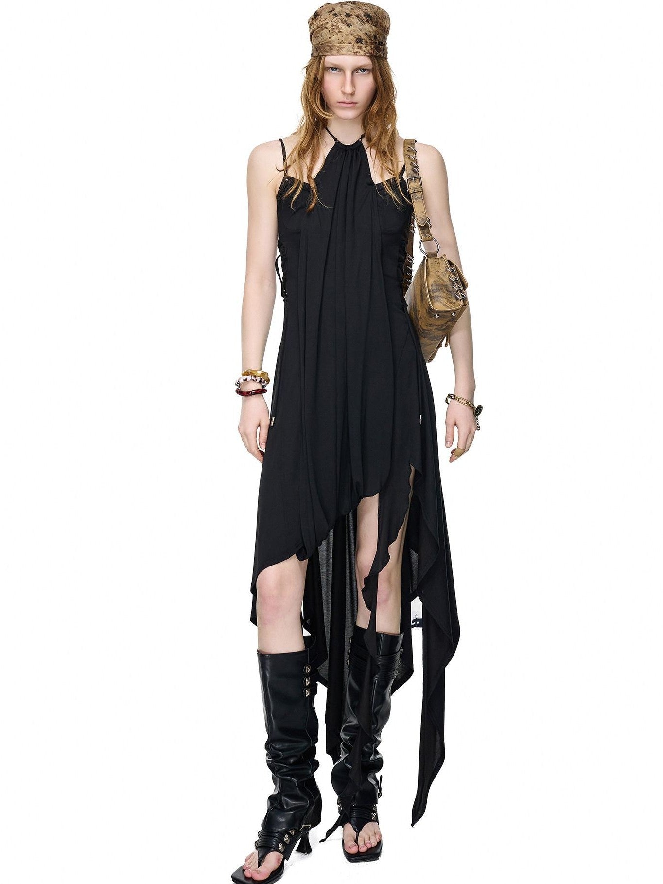 NORTH NODE Starburst Patchwork Halter Asymmetric Ruffle Women&