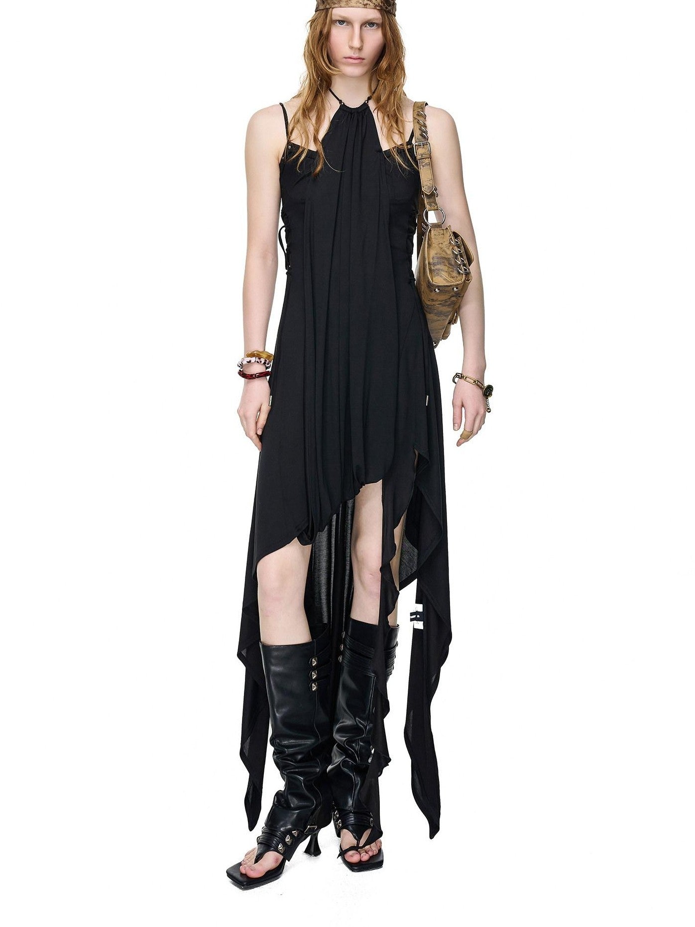 NORTH NODE Starburst Patchwork Halter Asymmetric Ruffle Women&