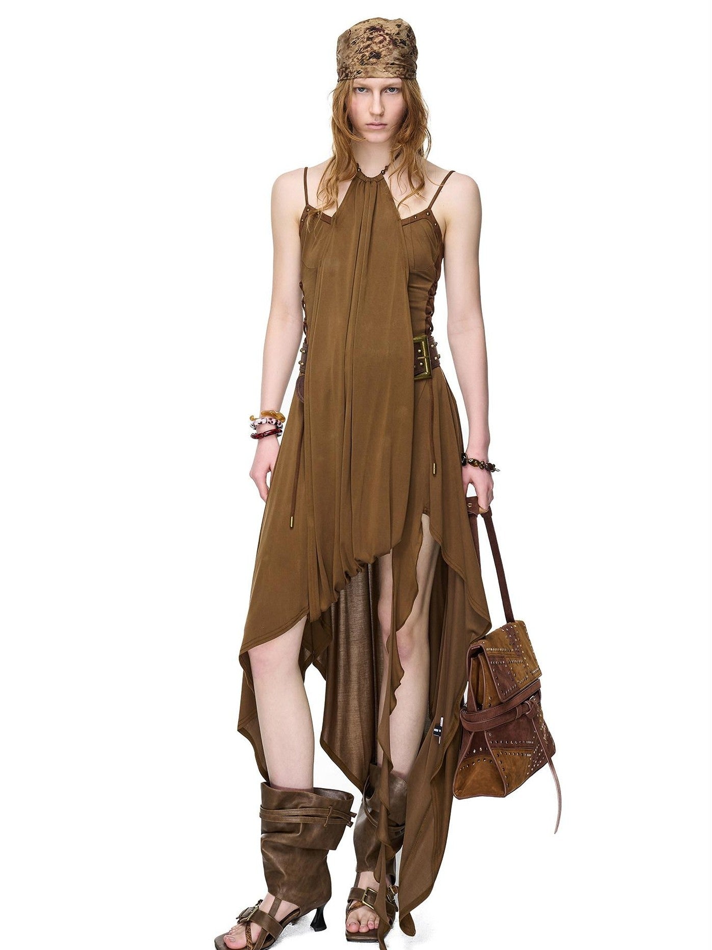 NORTH NODE Starburst Patchwork Halter Asymmetric Ruffle Women&