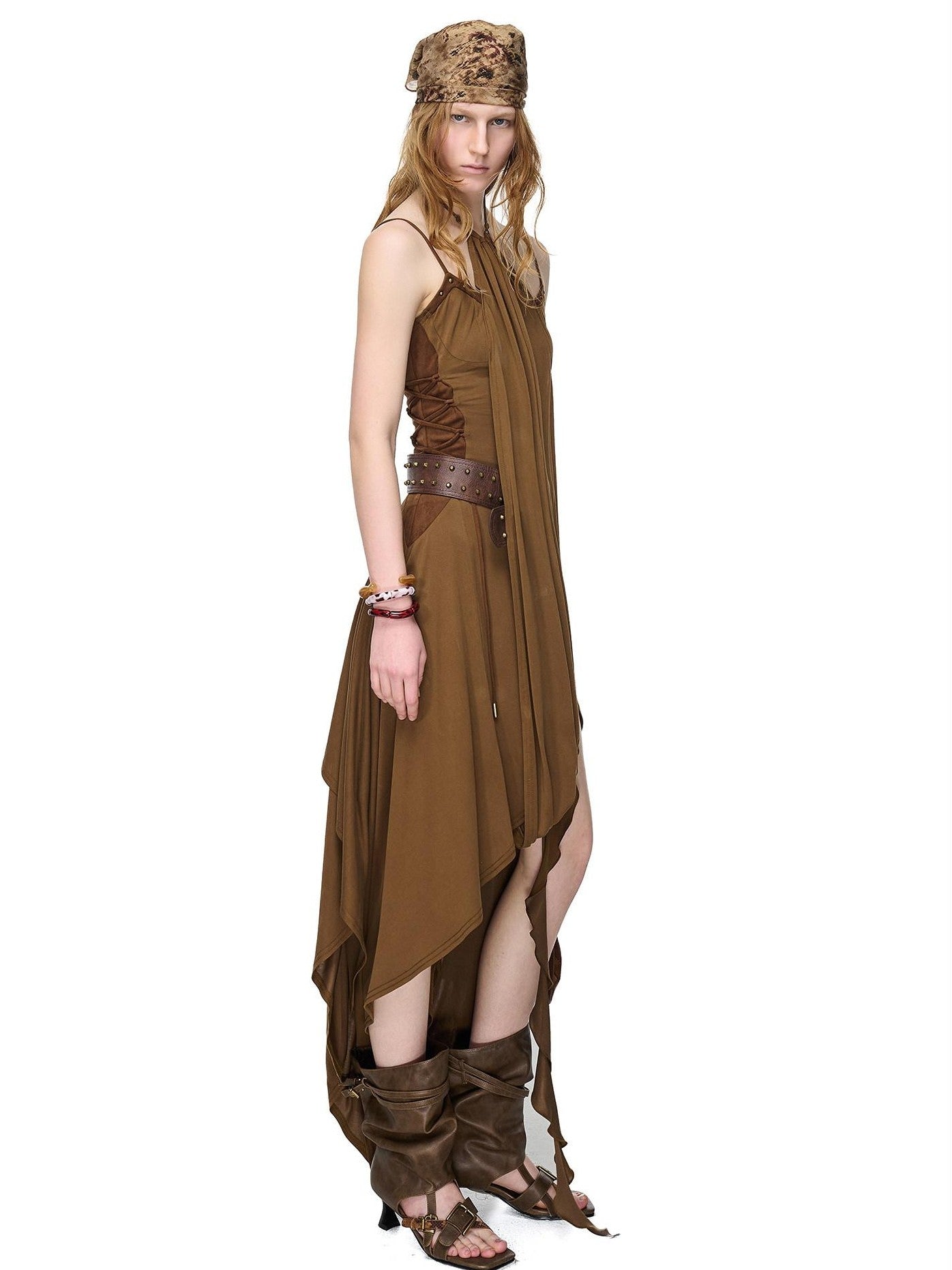 NORTH NODE Starburst Patchwork Halter Asymmetric Ruffle Women&