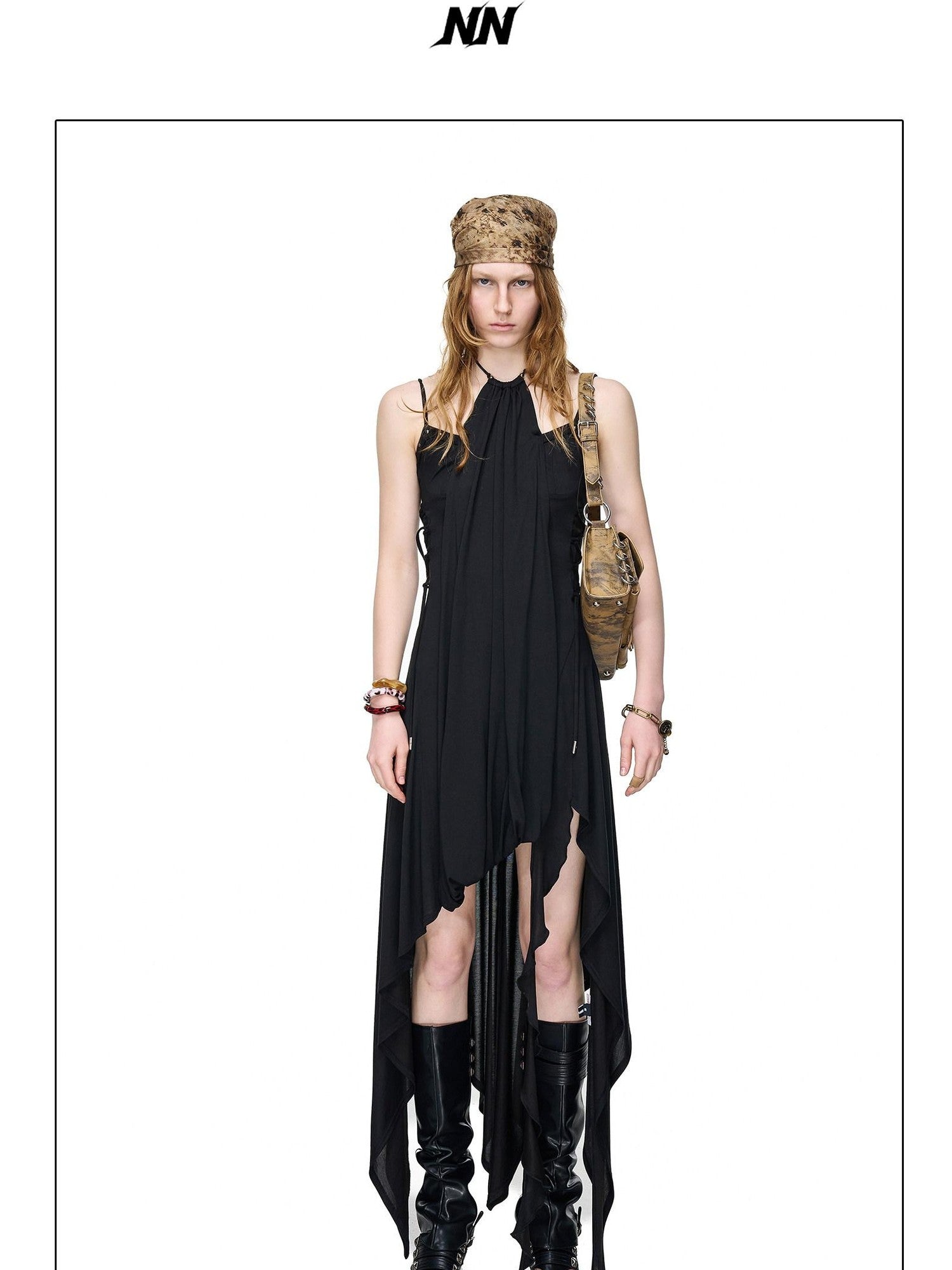 NORTH NODE Starburst Patchwork Halter Asymmetric Ruffle Women&