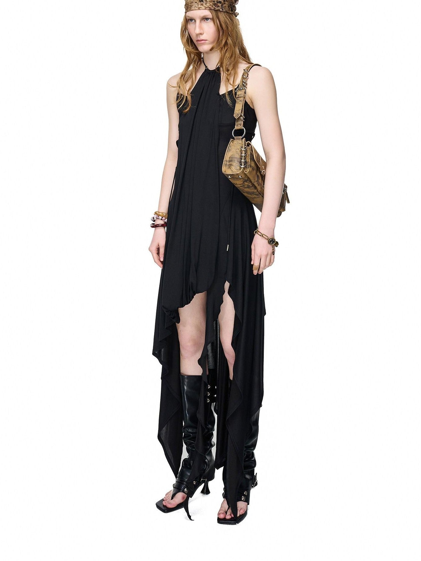 NORTH NODE Starburst Patchwork Halter Asymmetric Ruffle Women&