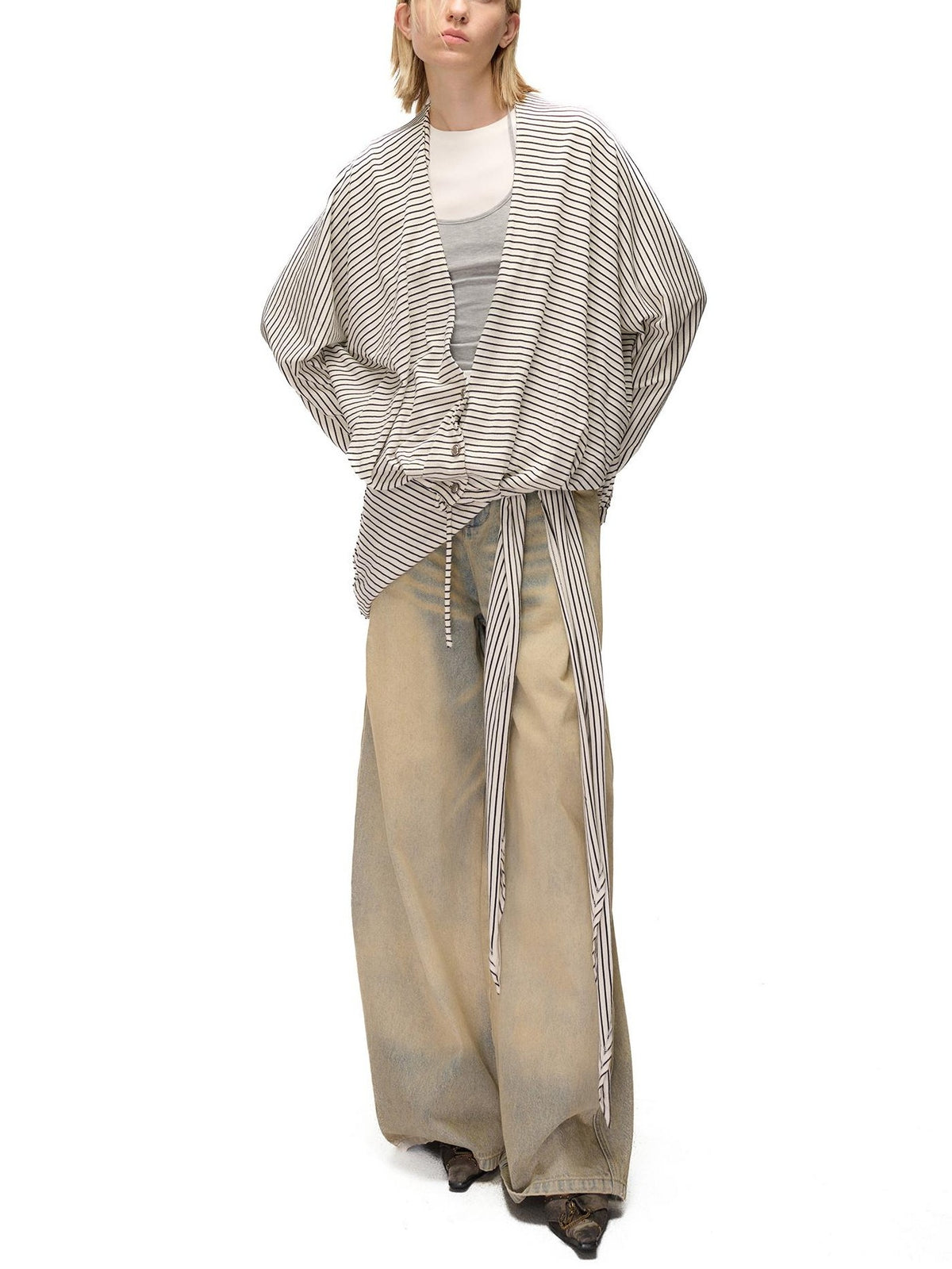 NORTH NODE Striped Detachable Hood Batwing Sleeve Women&