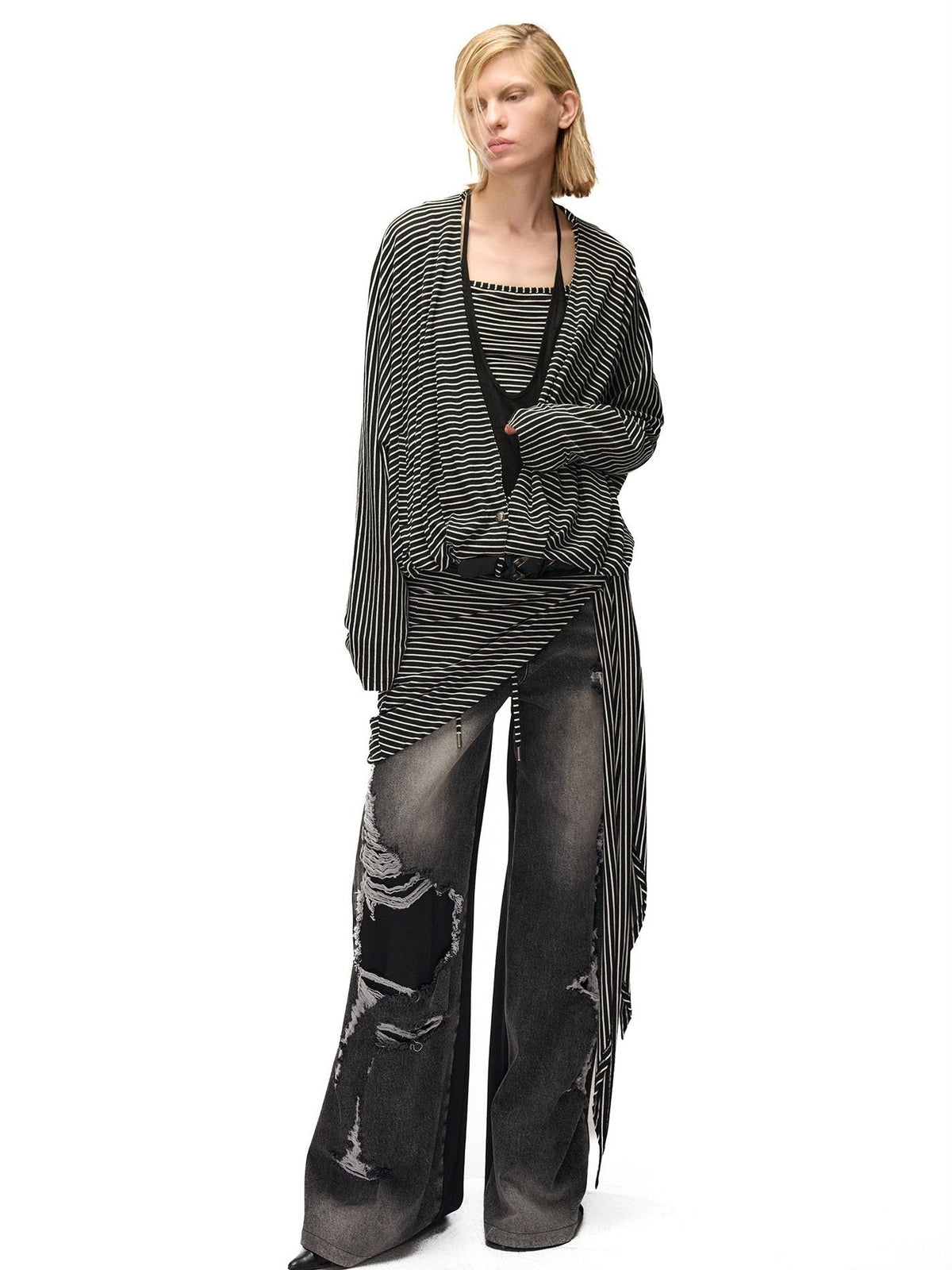 NORTH NODE Striped Detachable Hood Batwing Sleeve Women&