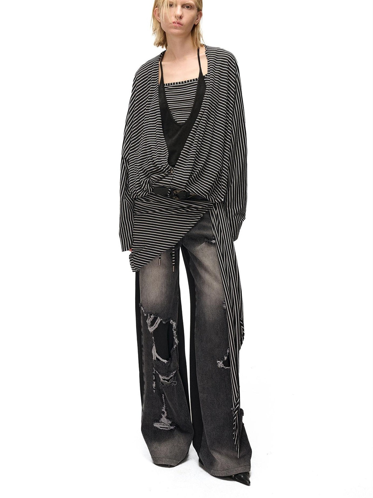 NORTH NODE Striped Detachable Hood Batwing Sleeve Women&