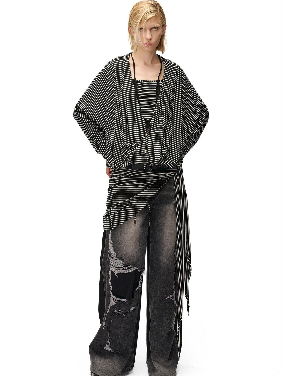 NORTH NODE Striped Detachable Hood Batwing Sleeve Women&