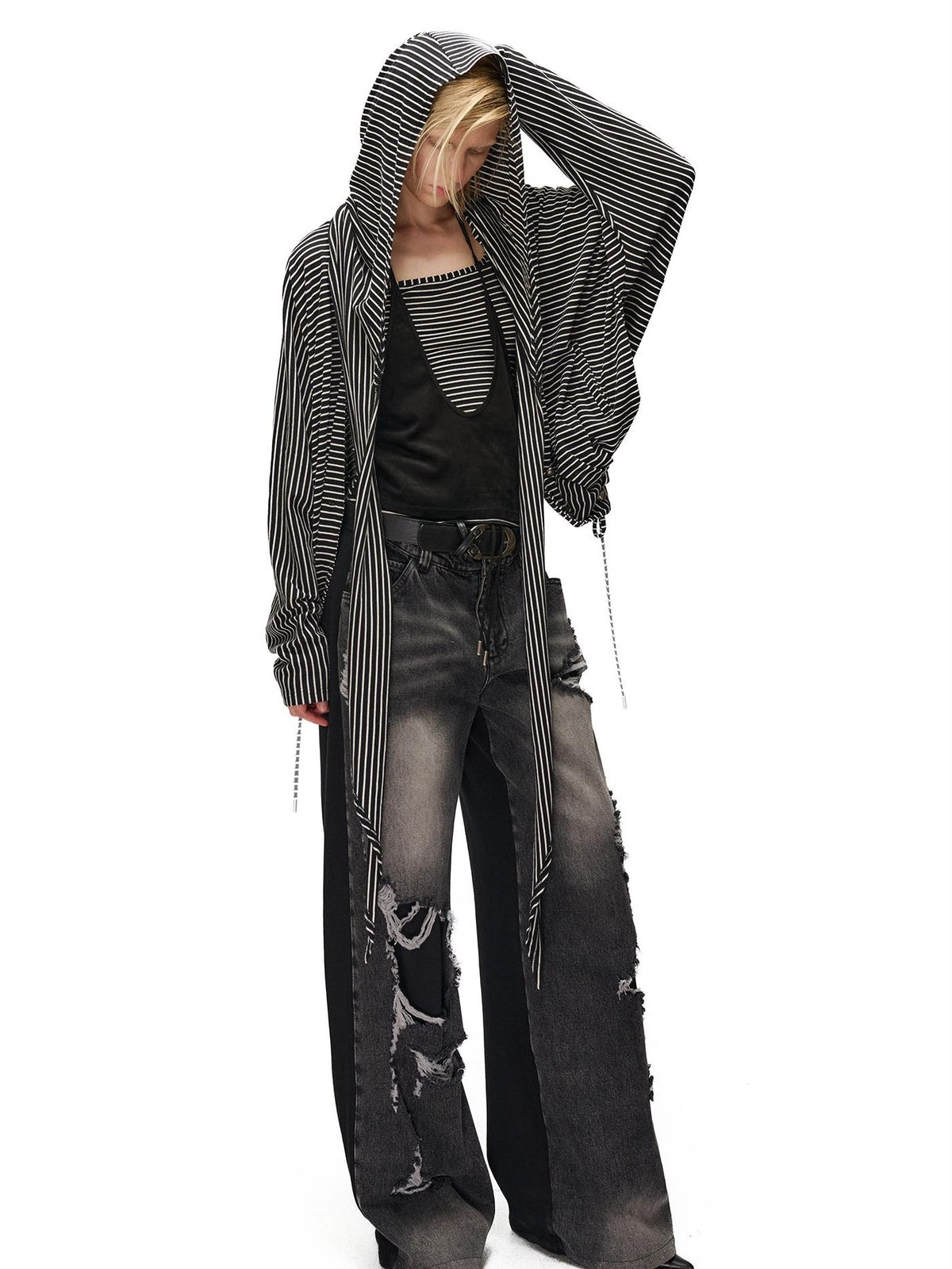 NORTH NODE Striped Detachable Hood Batwing Sleeve Women&