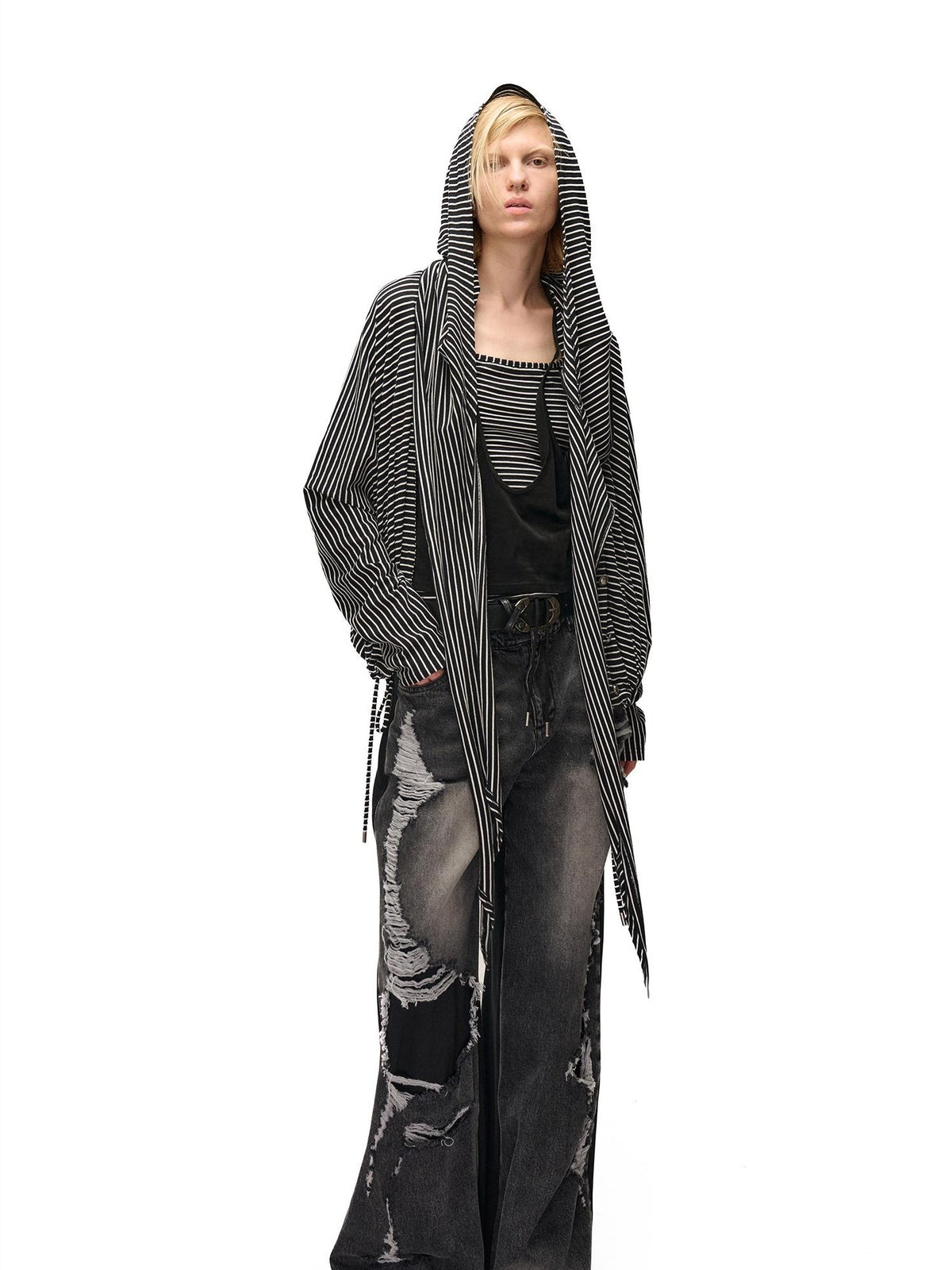 NORTH NODE Striped Detachable Hood Batwing Sleeve Women&